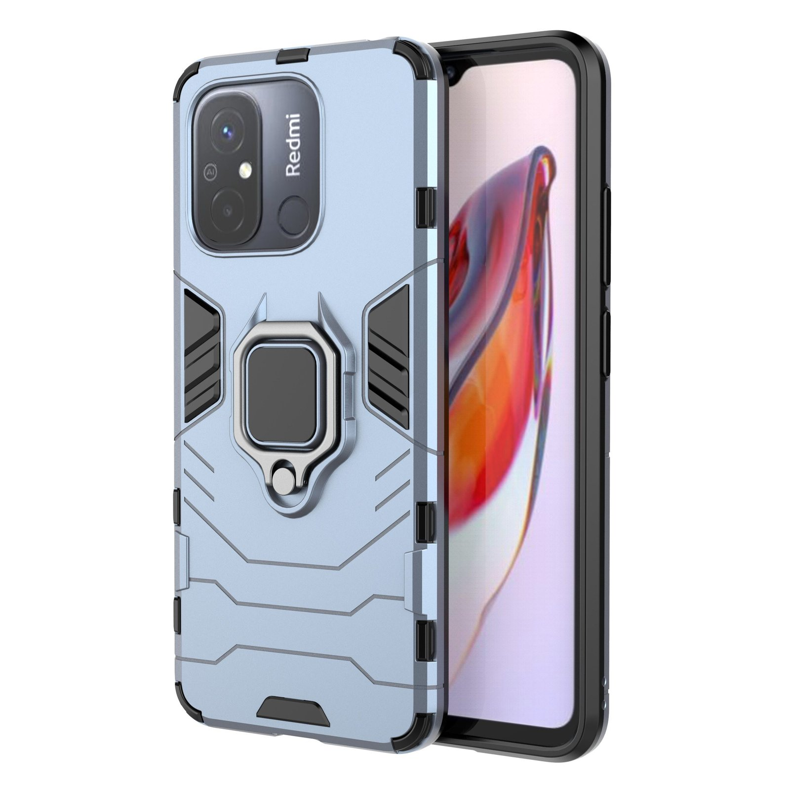 Funda de teléfono azul claro con soporte de anillo, protegiendo un teléfono con pantalla.