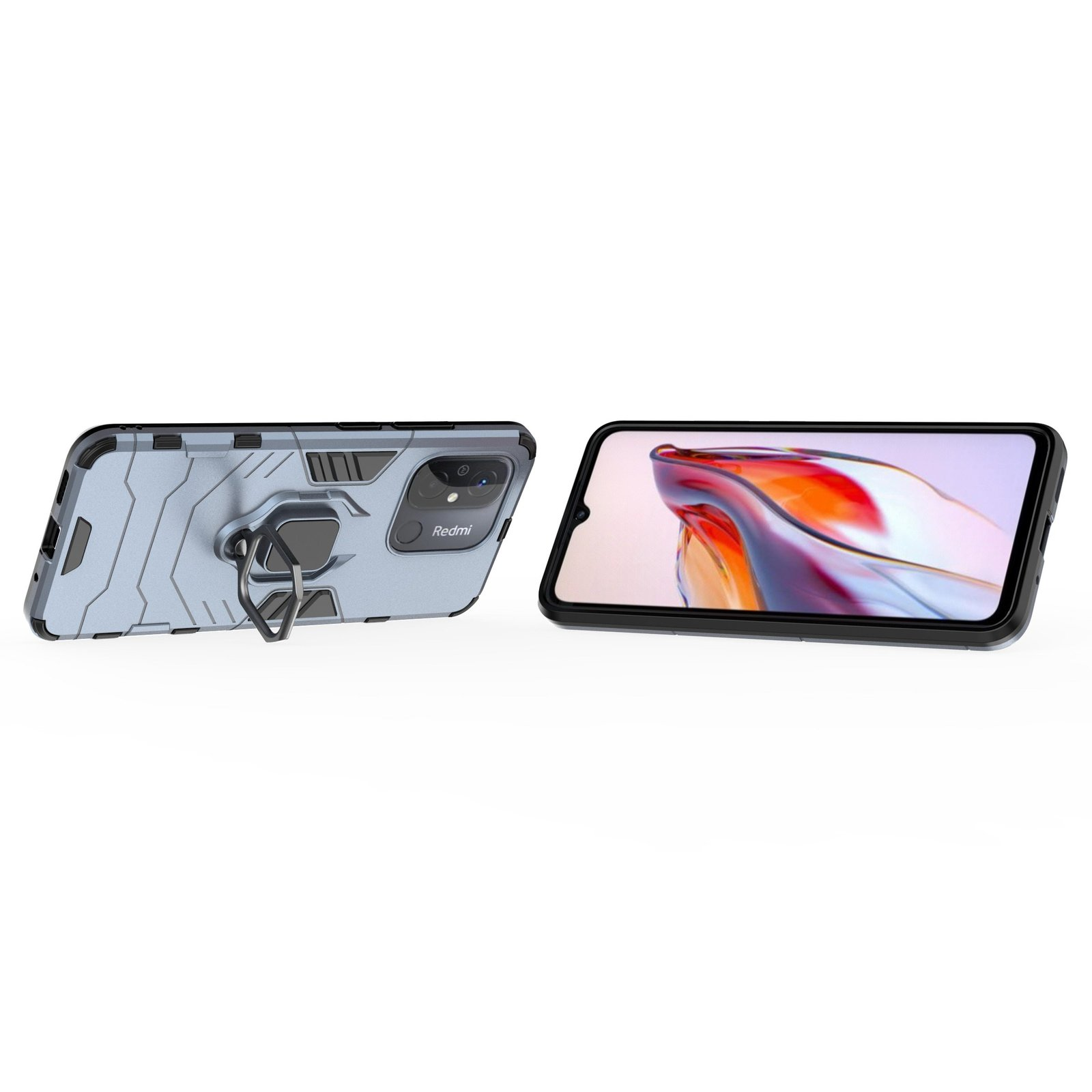 Dos teléfonos con fundas. Un teléfono muestra un logotipo de Redmi. Una funda es gris.