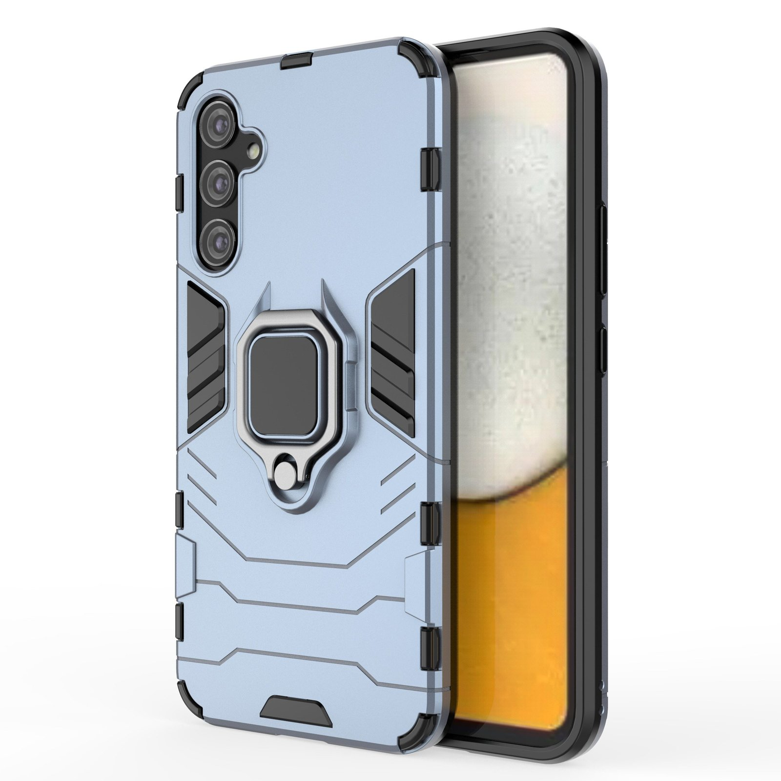 Funda de teléfono azul claro con soporte de anillo y una pantalla de teléfono que muestra el teléfono de lado.