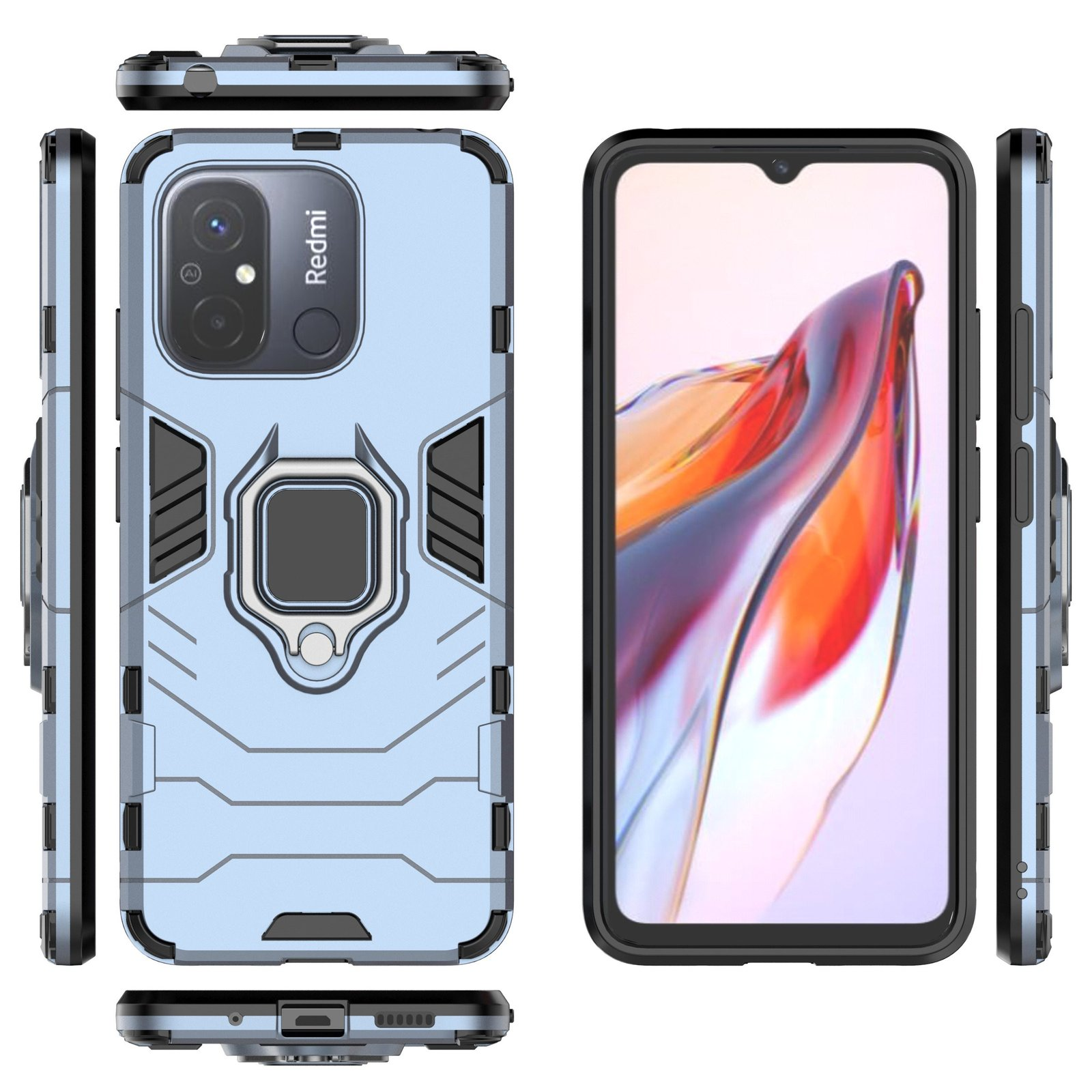 Funda azul para teléfono con soporte de anillo. Teléfono a la derecha. Se muestran varios ángulos.