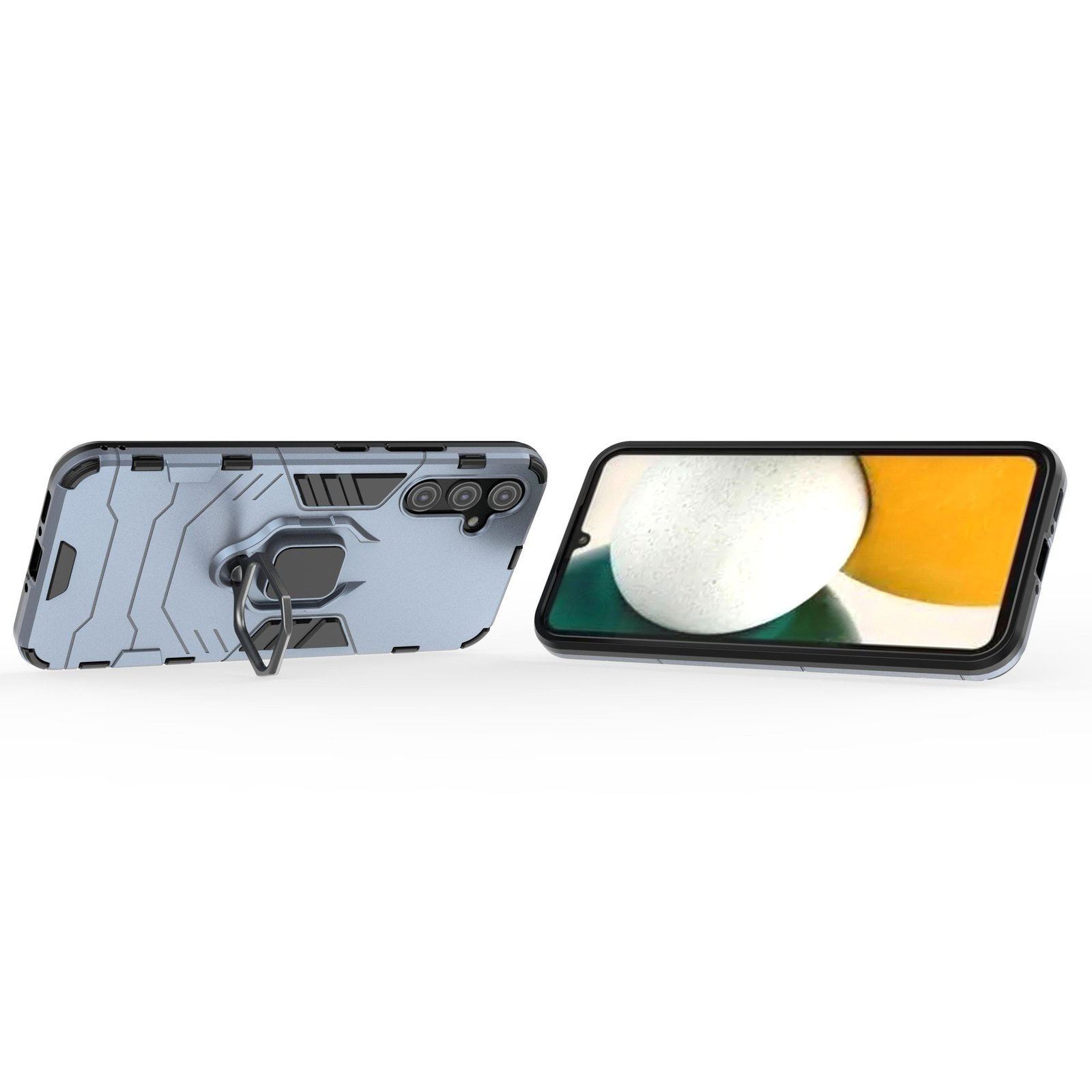 Dos teléfonos con fundas protectoras. Uno está en ángulo, mostrando el soporte de anillo. El otro muestra una pantalla colorida.