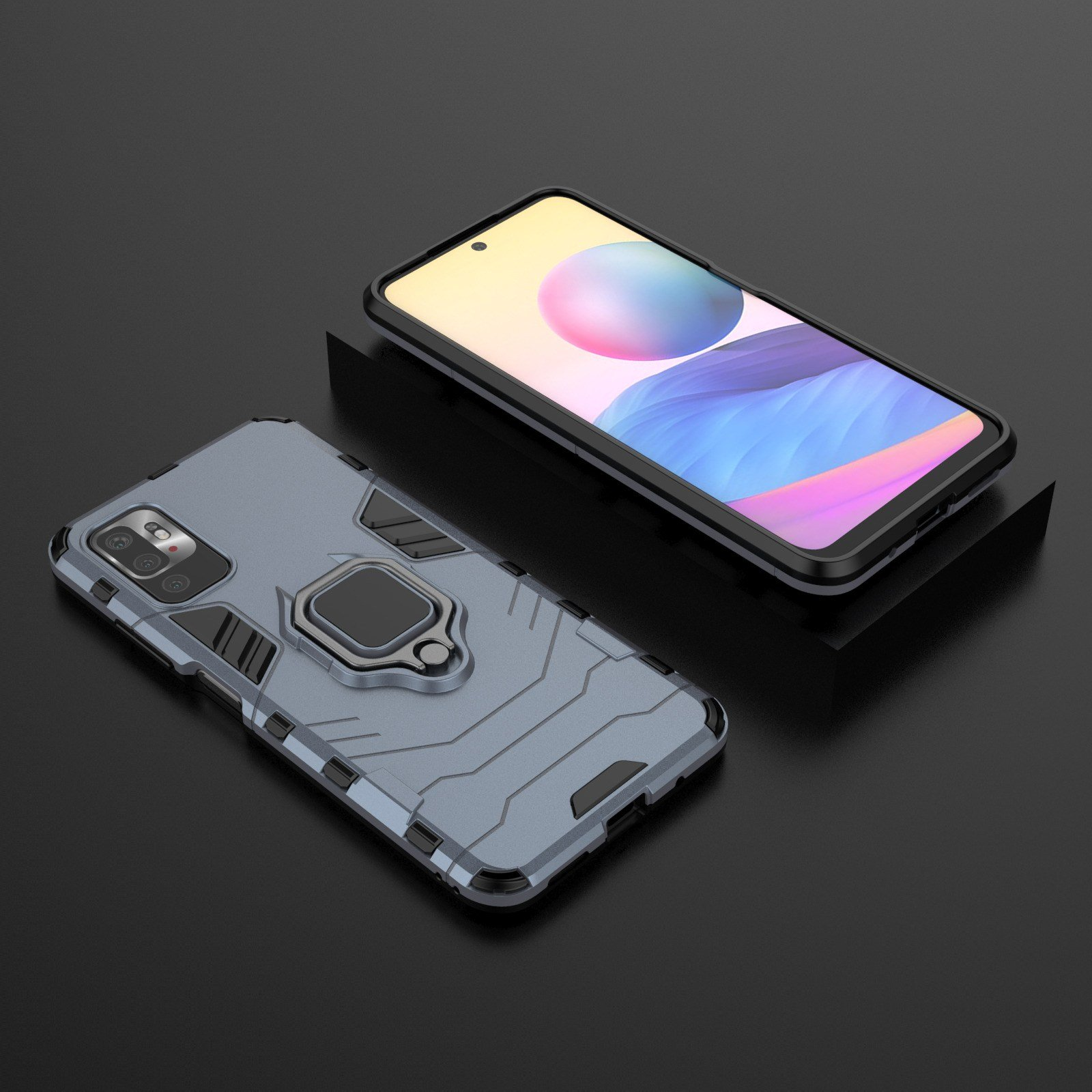 Dos teléfonos con fundas, uno sobre una superficie negra, otro sobre un soporte negro.