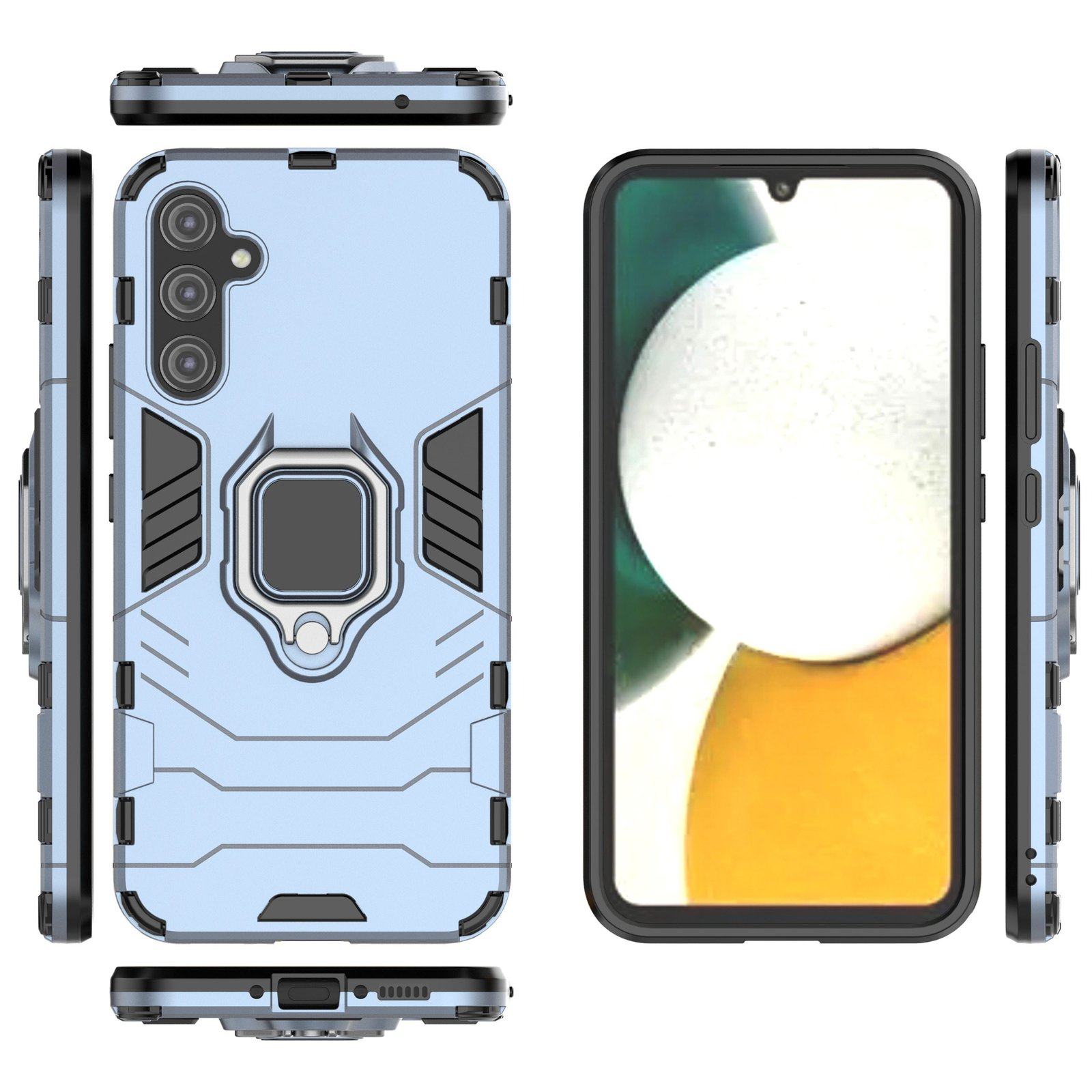 Funda azul con teléfono dentro, varios ángulos, incluye soporte de anillo, sobre blanco.