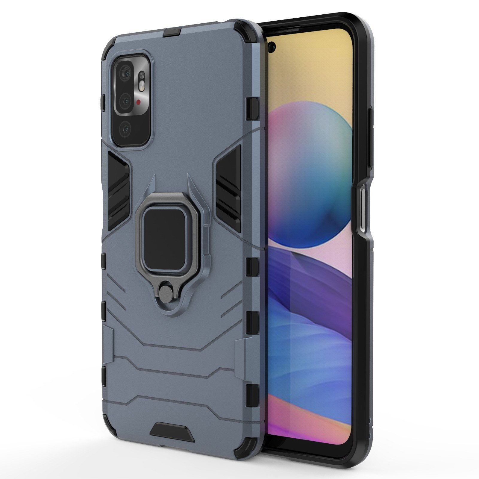 Funda de teléfono gris con soporte de anillo y el teléfono en sí. Fondo blanco.