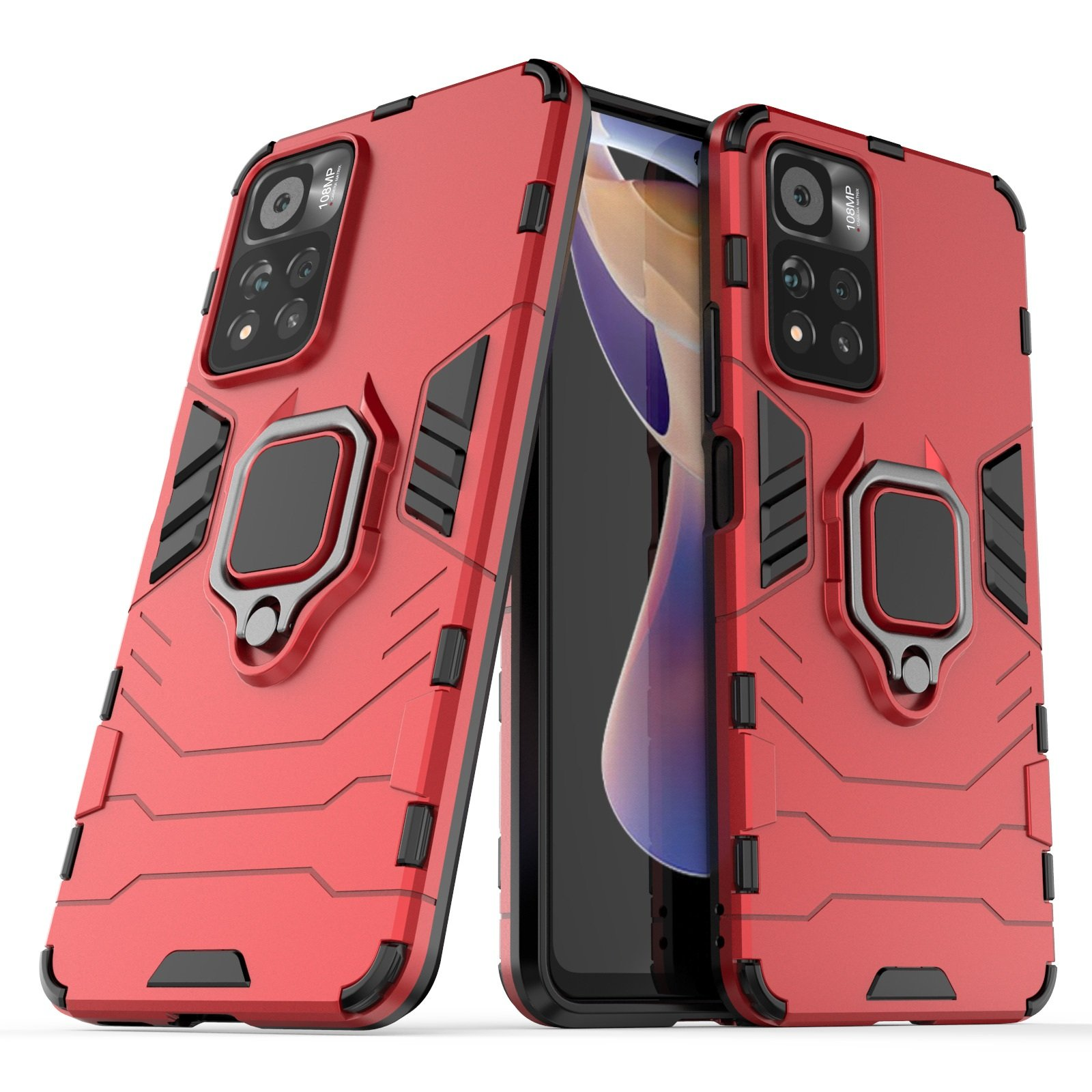 Fundas rojas para teléfonos con detalles negros y soportes de anillo. Pantallas con imagen colorida.