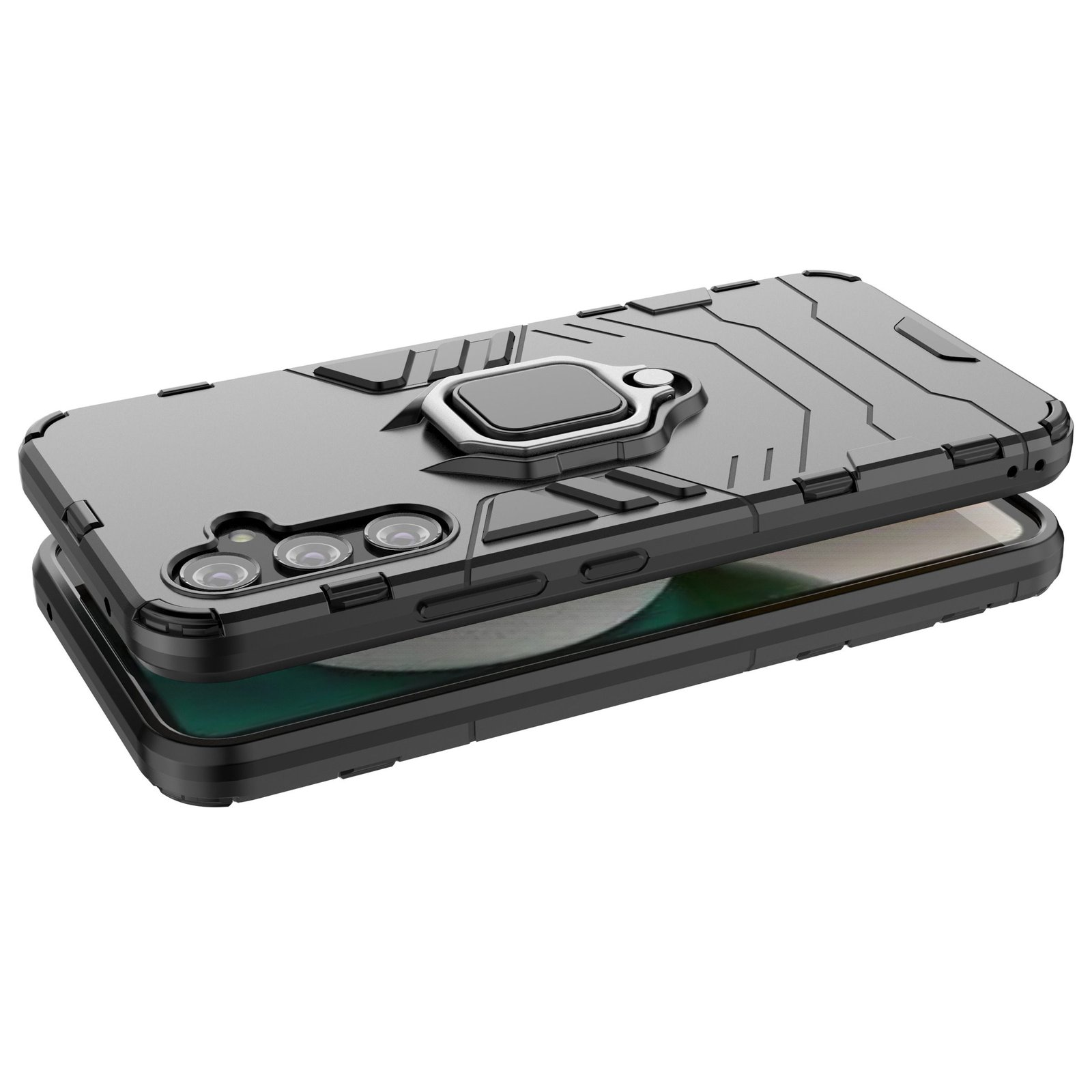 Funda negra para teléfono con soporte de anillo. El teléfono está en la funda. El teléfono muestra una pantalla colorida.