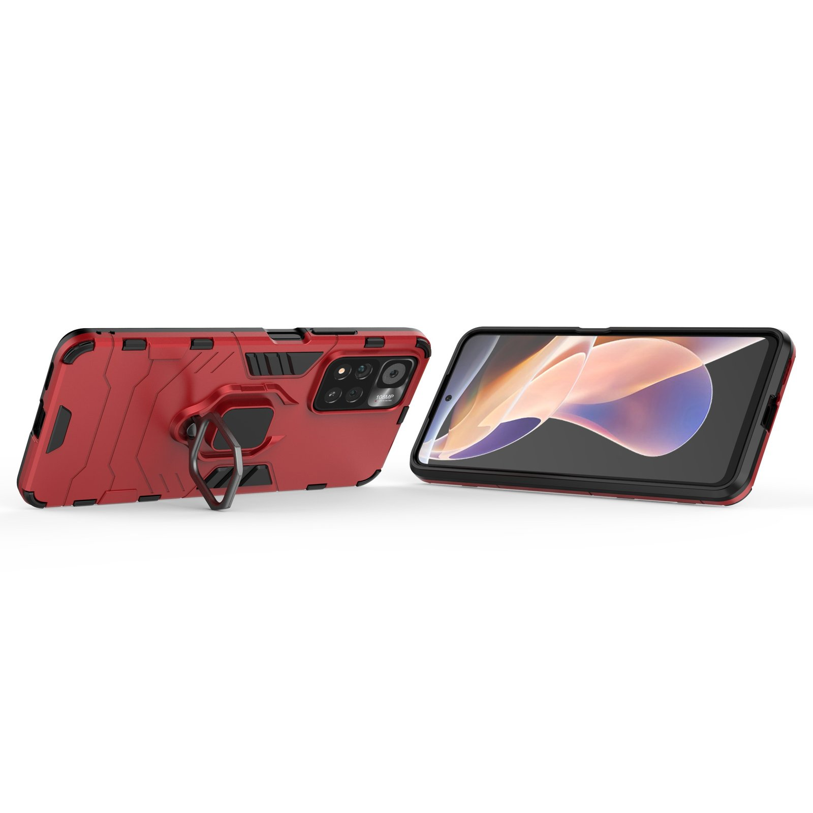 Funda roja para teléfono con soporte de anillo, teléfono sobre fondo blanco, fondo oscuro.