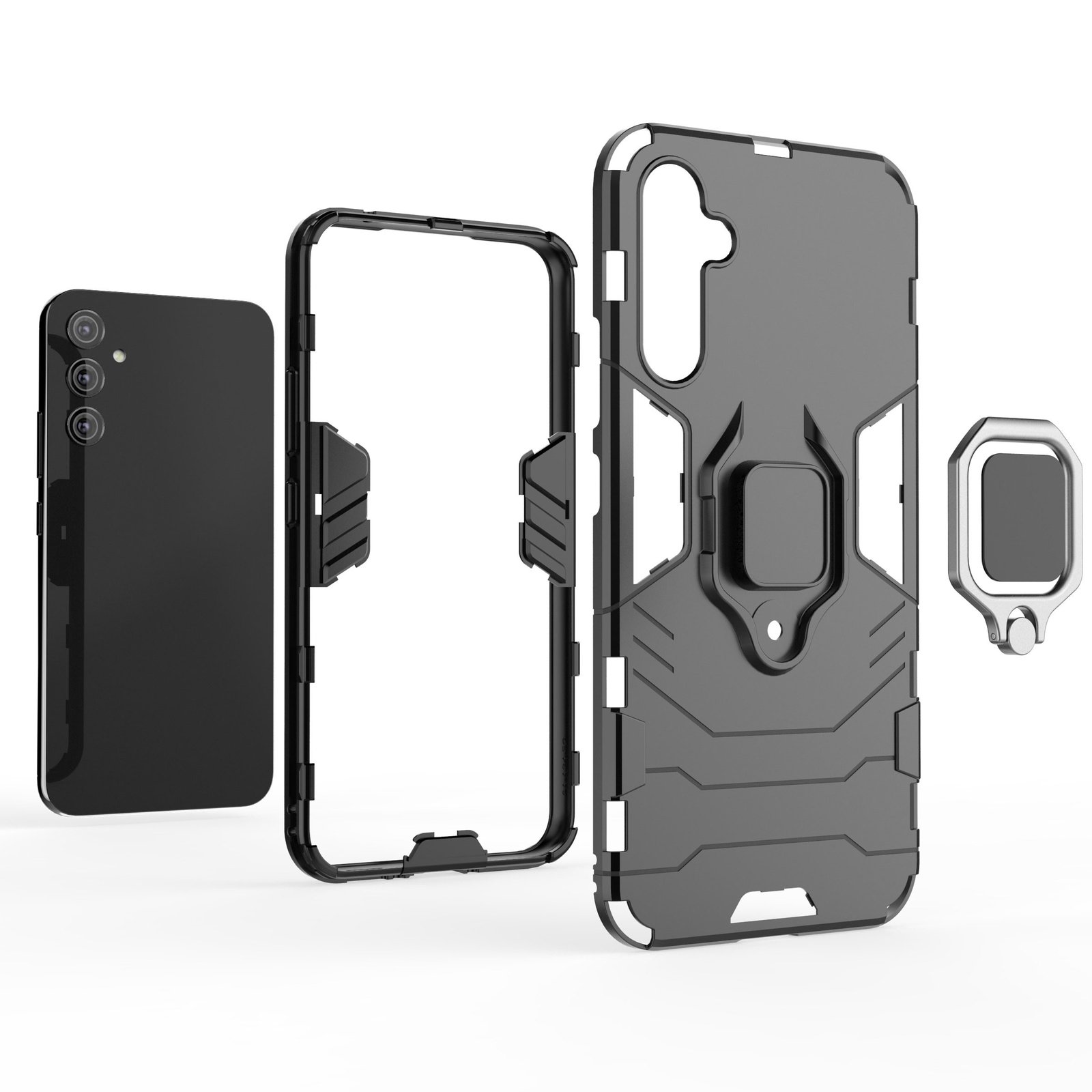 Teléfono negro y partes de la funda, soporte de anillo gris. Fondo blanco.