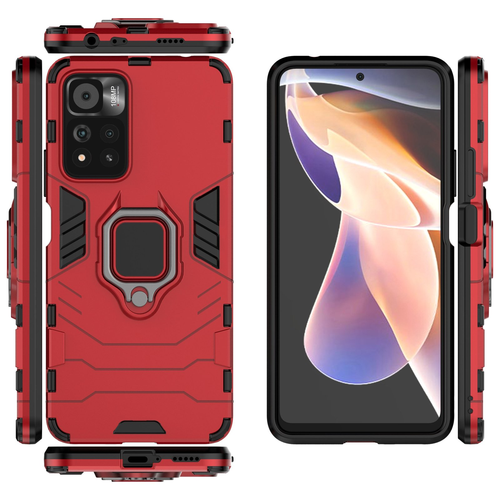 Dos fundas rojas para teléfono con un anillo. Una con pantalla, y otra vista.