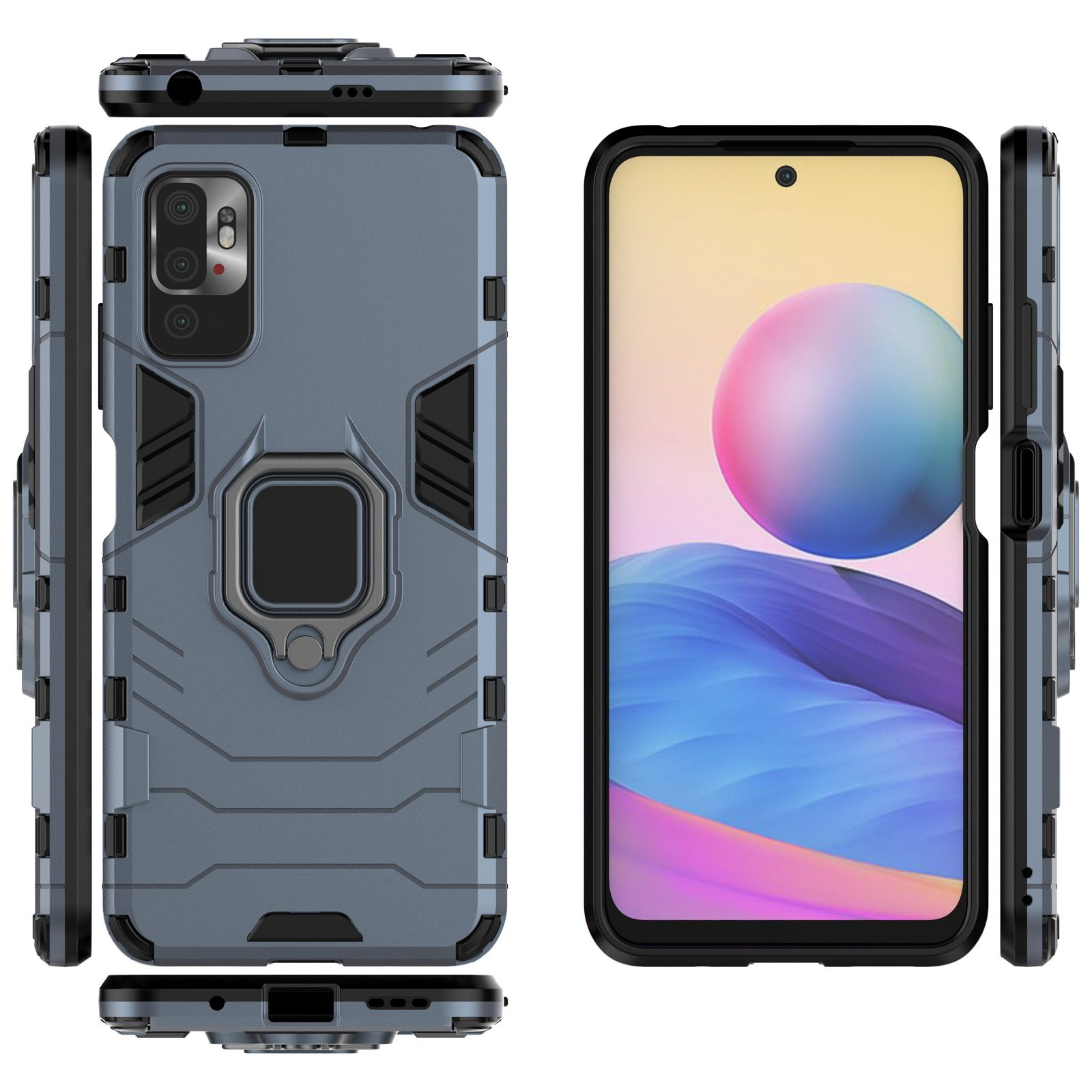 Teléfono en funda gris, mostrando diferentes ángulos de la funda y teléfono con soporte de anillo.