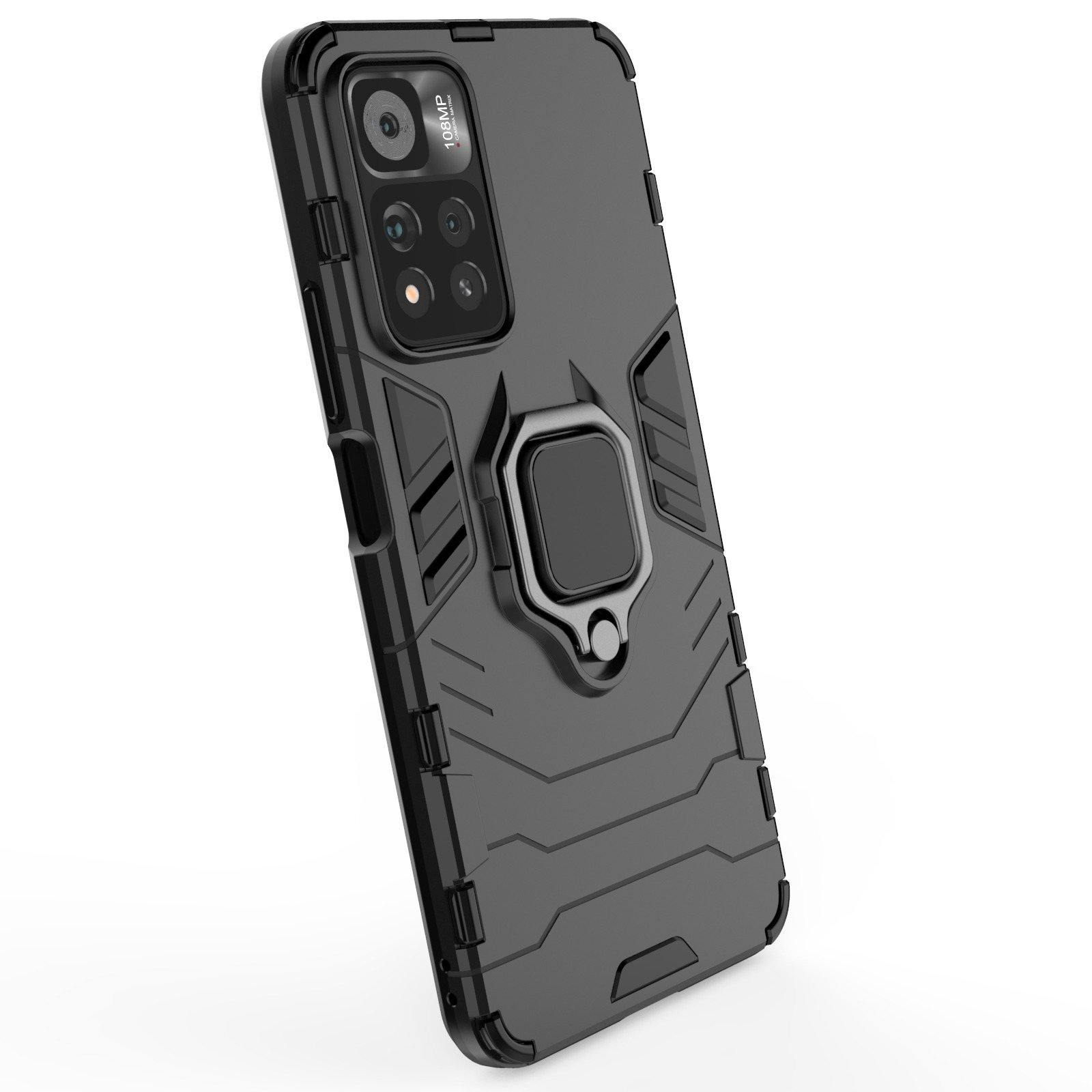 Funda de teléfono negra con soporte de anillo. La funda tiene un diseño texturizado.