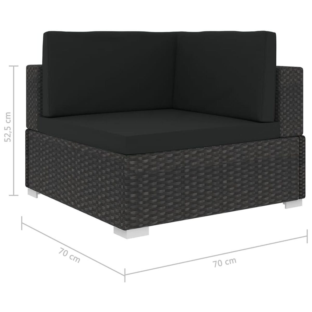 Ecksofa aus Weide für draußen mit schwarzen Kissen. Abmessungen sind angegeben.