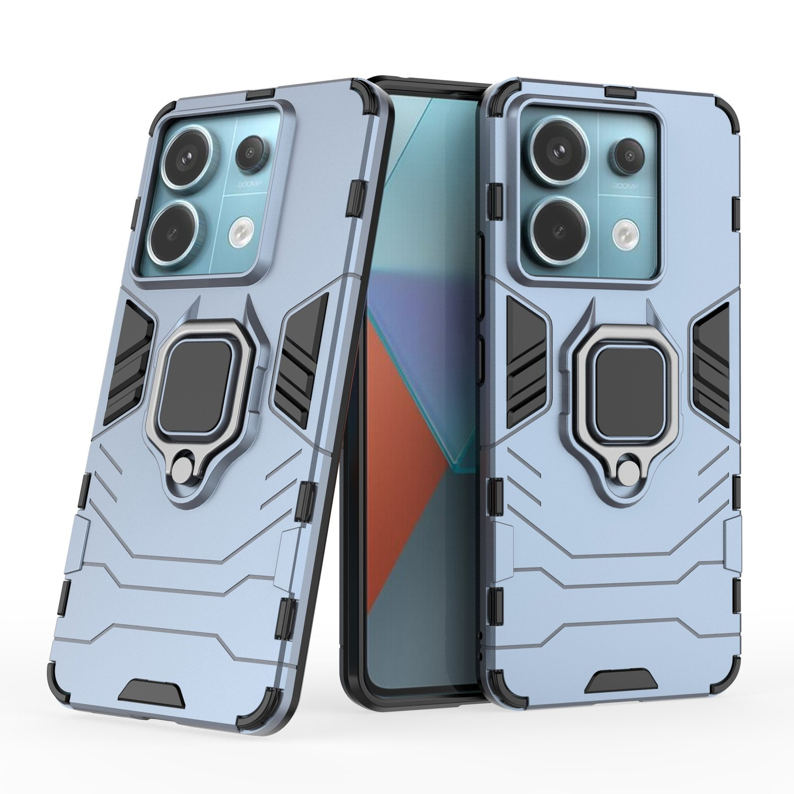 Dos fundas de teléfono azul claro con soportes de anillo y un teléfono.
