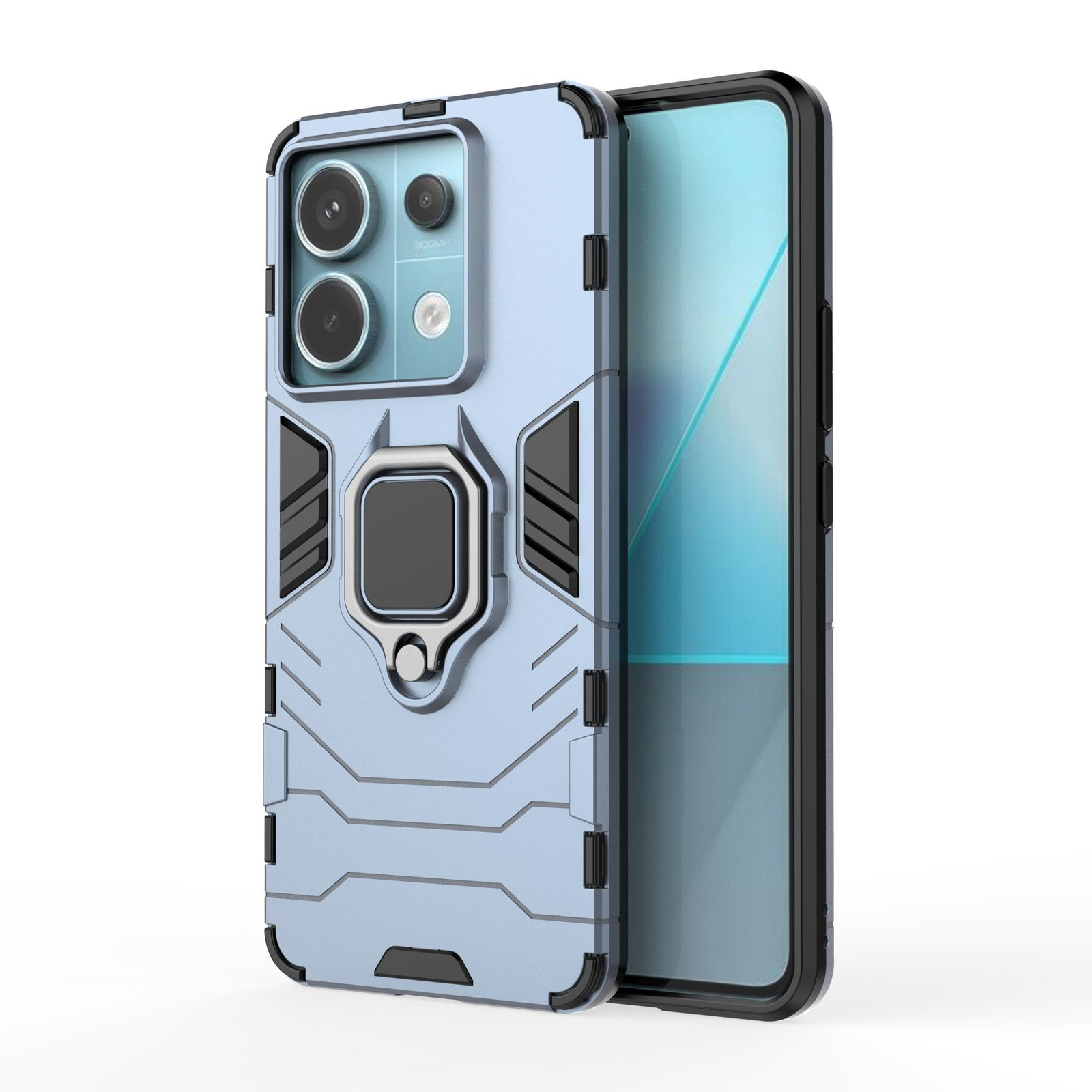 Funda azul claro para teléfono con soporte de anillo y teléfono con pantalla.