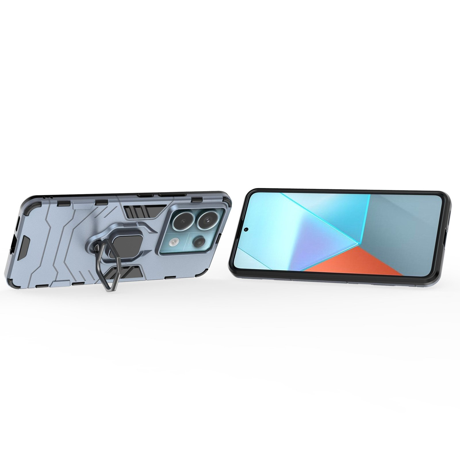 Funda azul con soporte de anillo. Teléfono a la derecha con pantalla colorida. Fondo blanco.