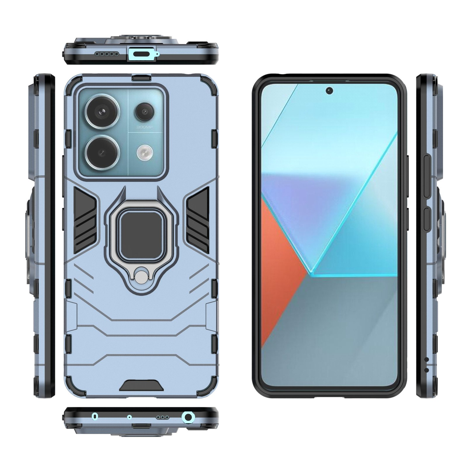 Funda y teléfono. Funda azul claro, teléfono negro. La funda tiene soporte para anillo. Vistas varias.