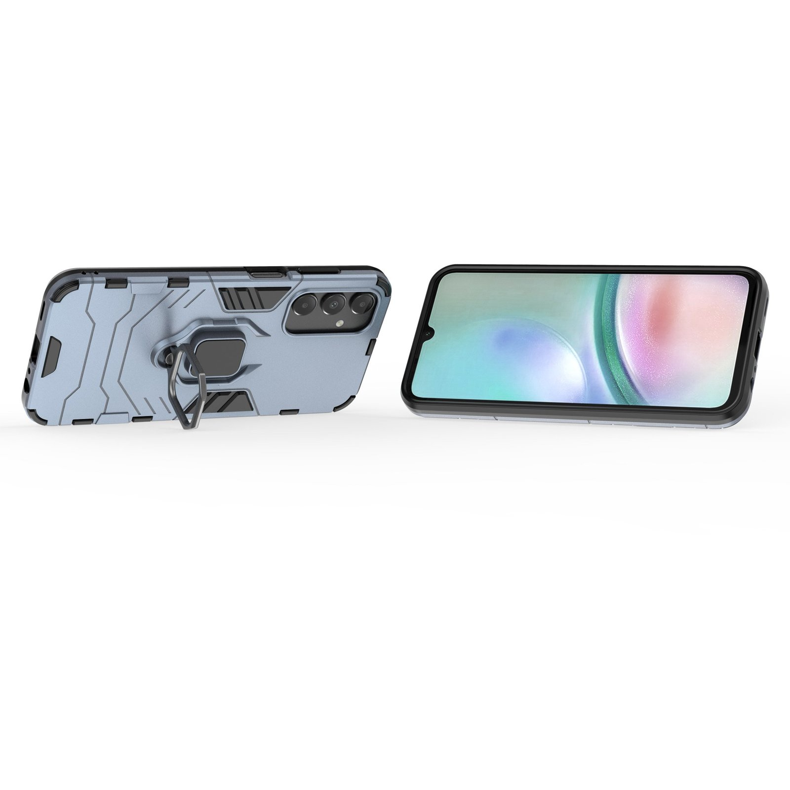 Una funda gris para teléfono con un soporte de anillo y una pantalla de teléfono, ambos sobre un fondo blanco.