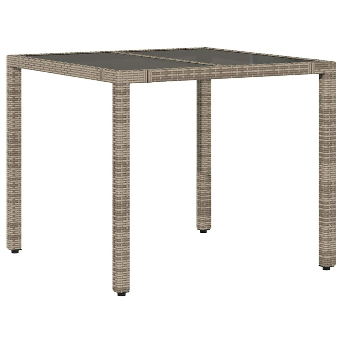 Quadratischer Outdoor-Tisch mit gewebter Textur, stabilen Beinen und Glasplatte.