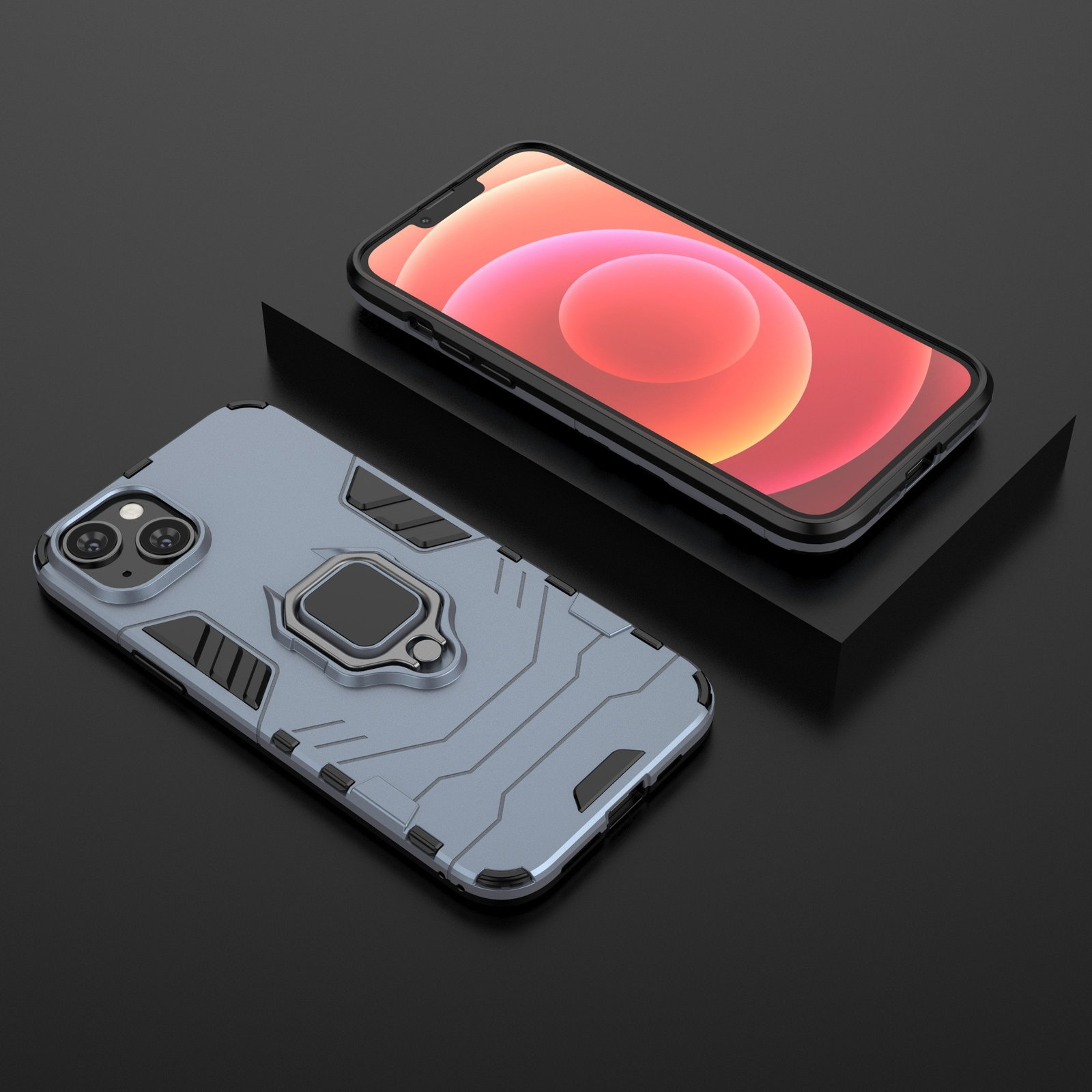 Dos teléfonos, uno con funda. La funda es azul claro con detalles negros. La pantalla del teléfono muestra una pantalla.