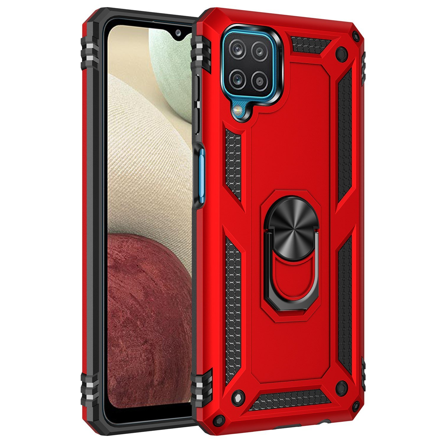 Una funda roja para teléfono con soporte de anillo. El teléfono está en la funda. El fondo es blanco.