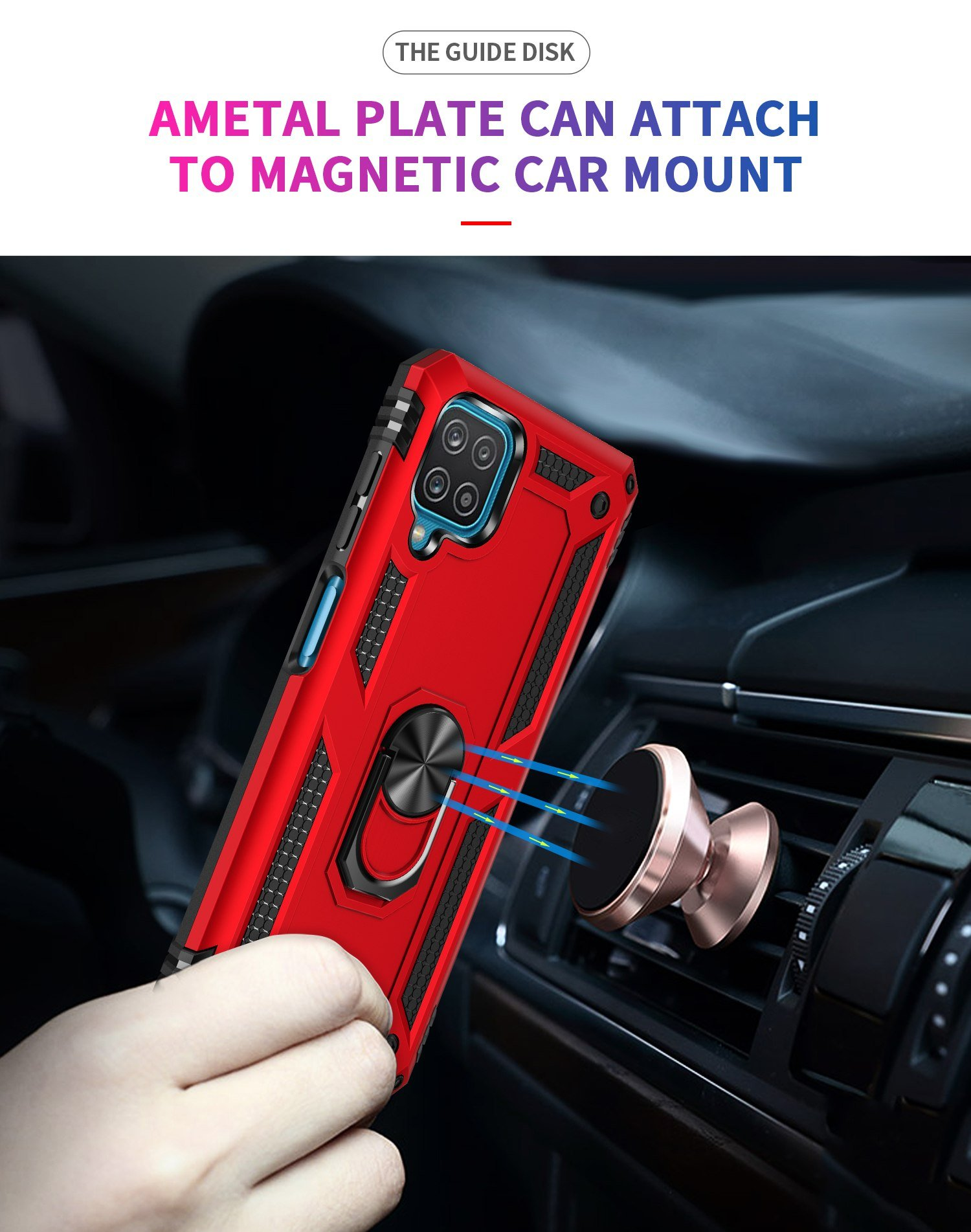 Teléfono con funda roja con soporte de anillo, sujeto a rejilla de ventilación. Soporte magnético visible.