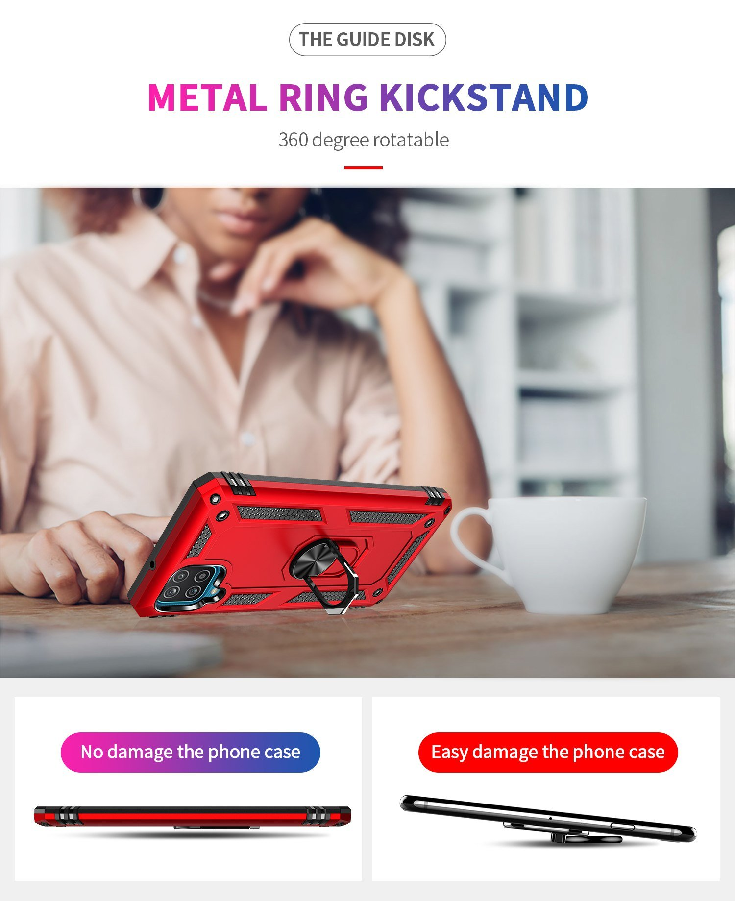 Una funda roja para teléfono con soporte de anillo está sobre un escritorio, junto a una taza de café. Hay dos imágenes debajo.