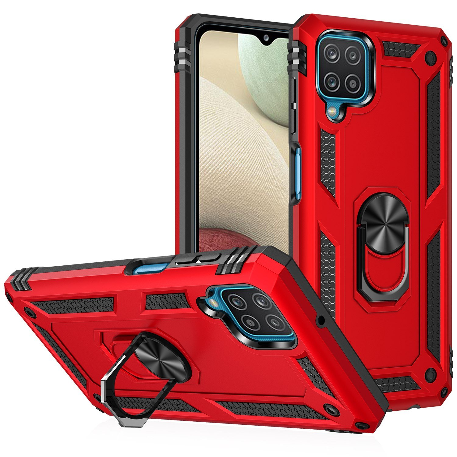 Fundas rojas para teléfono con soporte de anillo, y un teléfono con interfaz en pantalla.