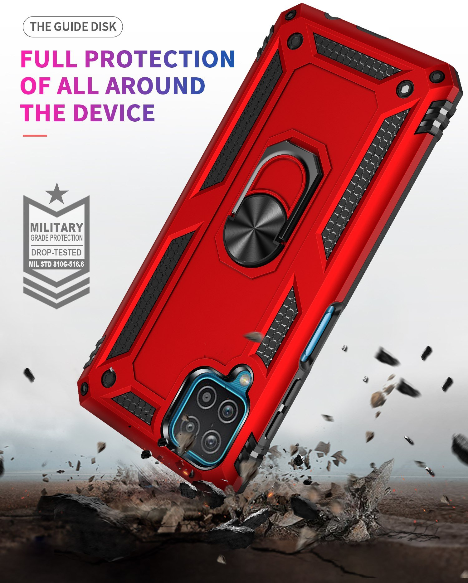 Funda roja para teléfono con anillo. La funda está sobre una superficie con escombros.
