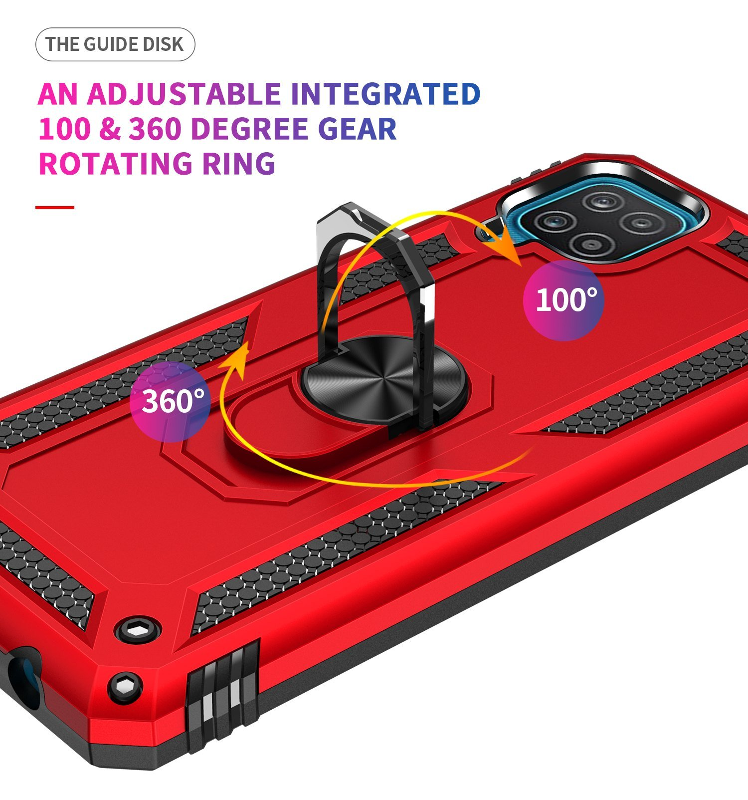 Funda roja con soporte de anillo. Muestra anillo giratorio de 100 y 360 grados.