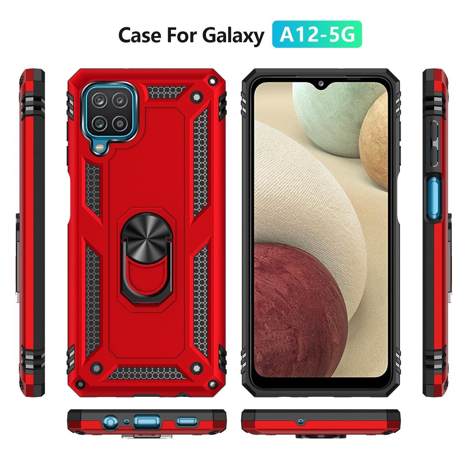 Funda roja con anillo y teléfono negro. El teléfono está en exhibición.