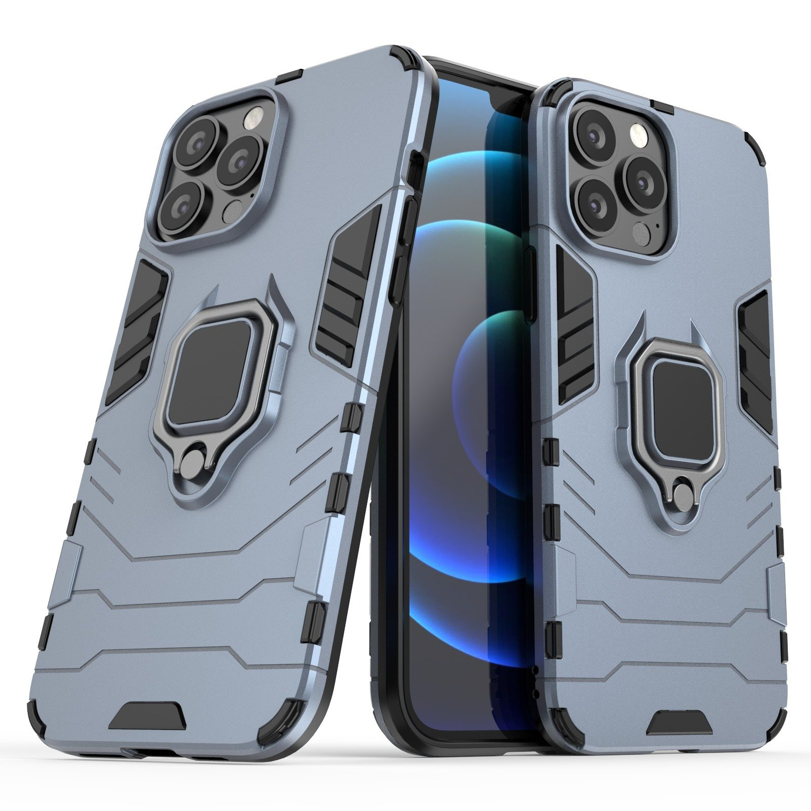 Tres fundas azules para teléfono con un teléfono mostrando una pantalla.