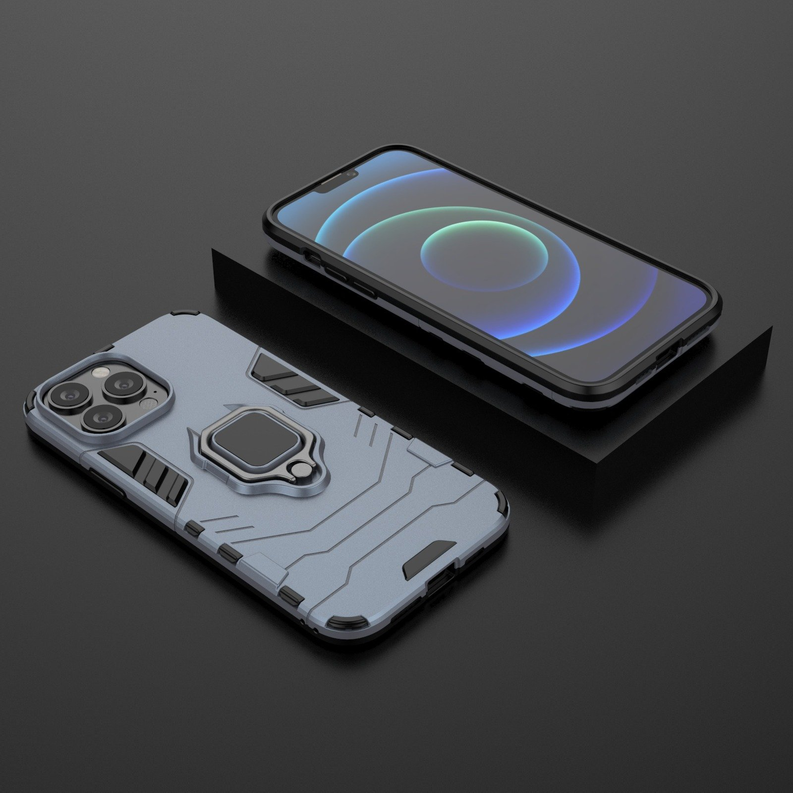 Funda gris para teléfono con soporte de anillo sobre superficie oscura. Teléfono visible.