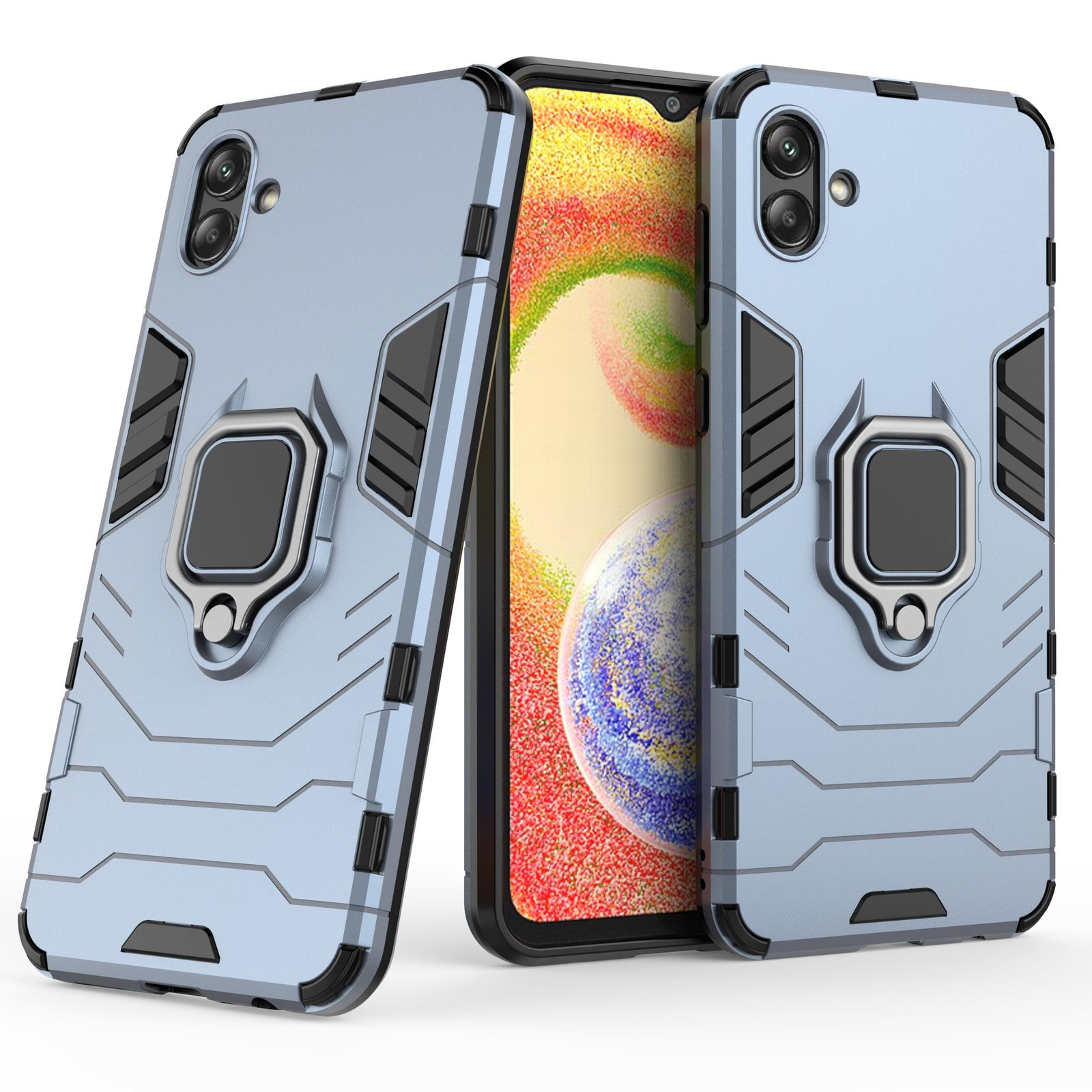Tres teléfonos con fundas azul claro y soportes de anillo. Una pantalla es visible, mostrando una imagen multicolor.