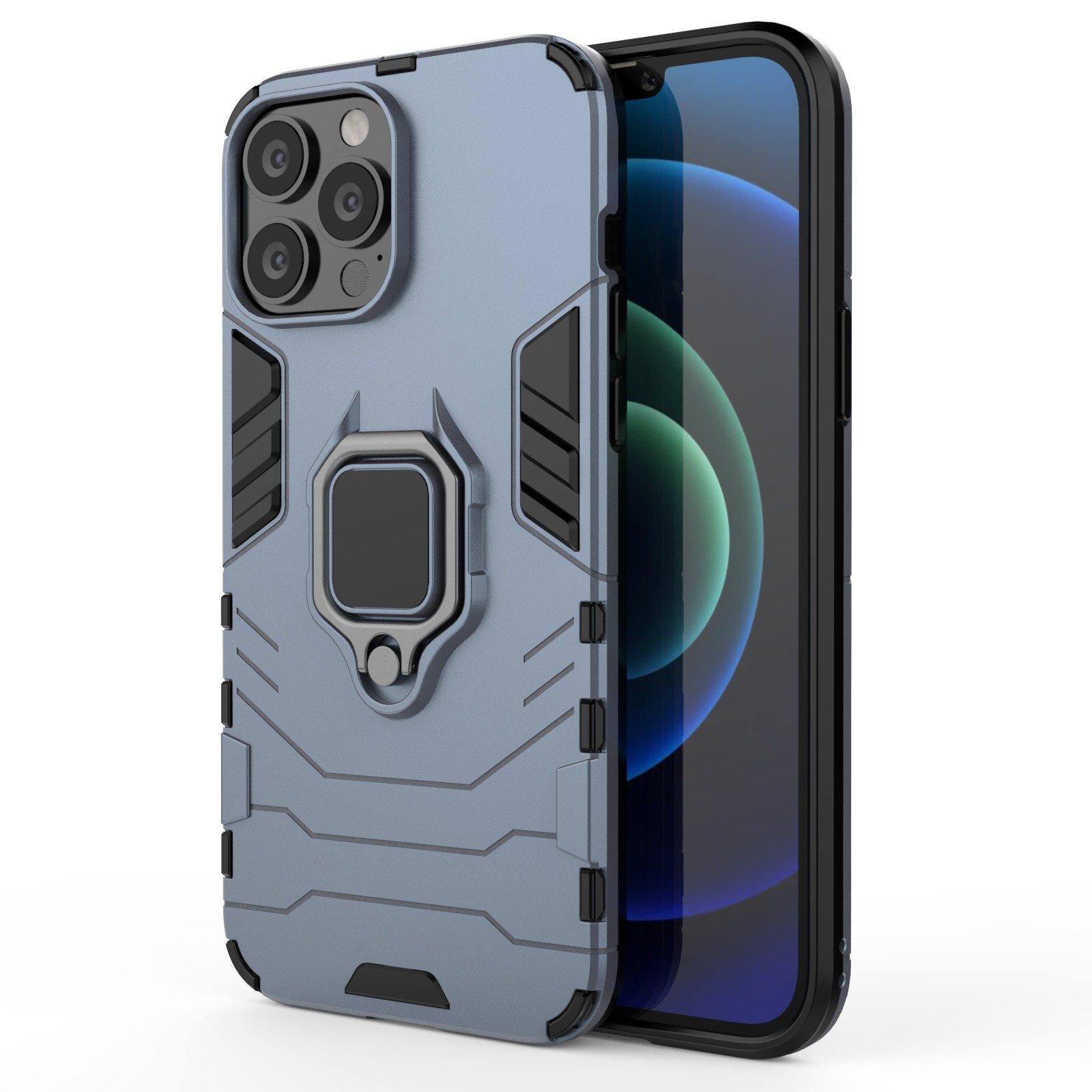 Funda gris con anillo giratorio, sujetando un teléfono. El teléfono tiene pantalla negra y está en la funda.