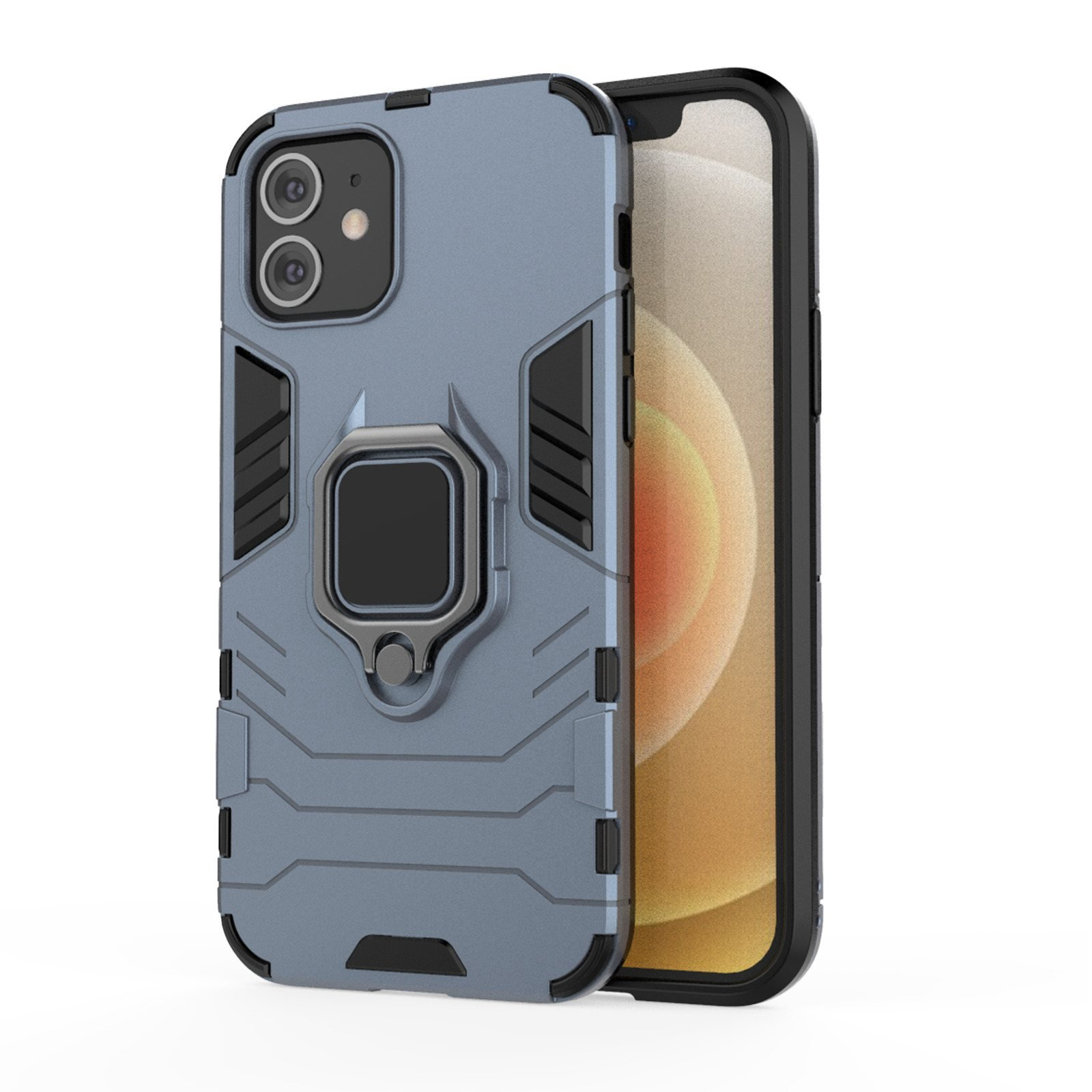 Una funda gris para teléfono con soporte de anillo junto a un teléfono que muestra una pantalla.