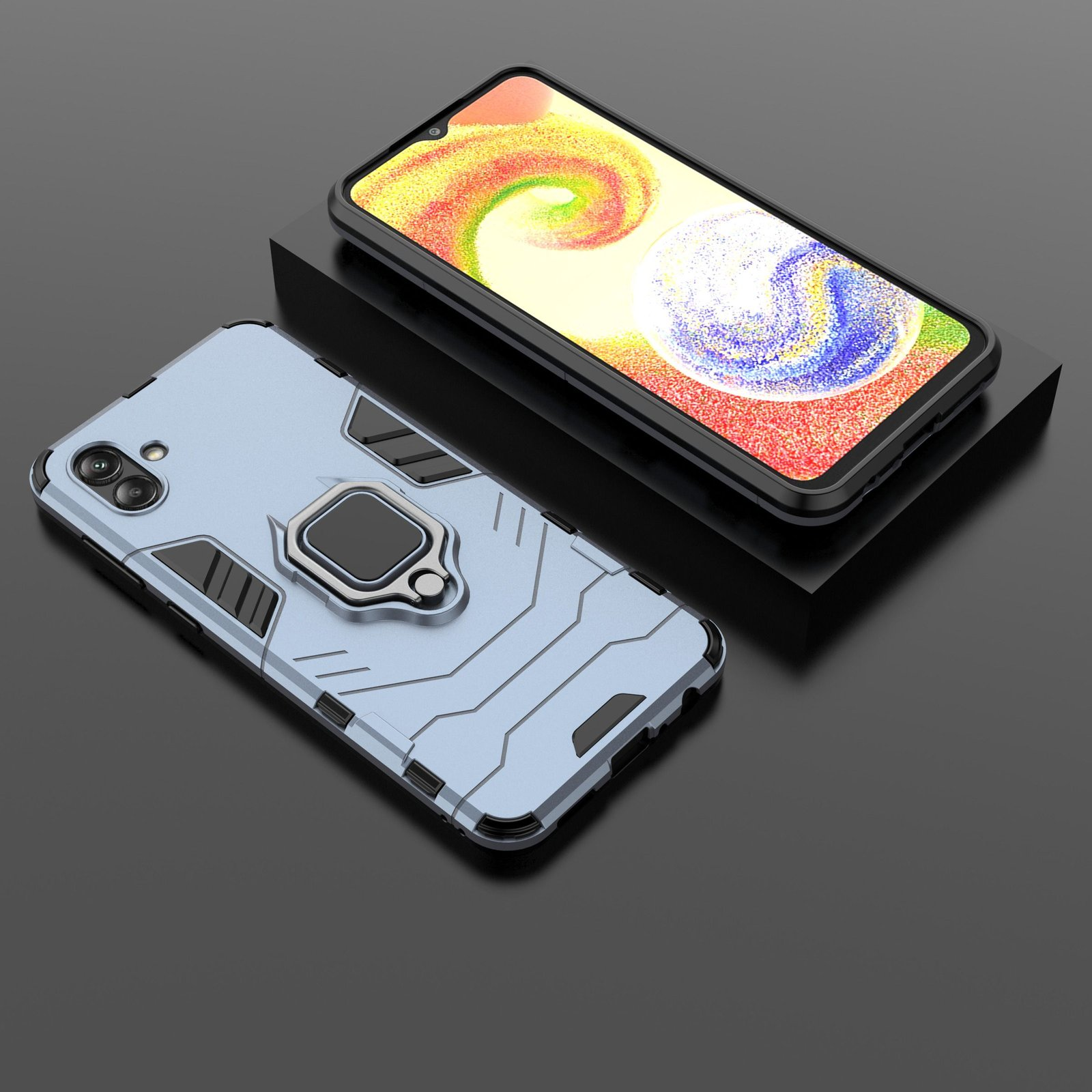 Funda azul con soporte de anillo. Teléfono sobre superficie negra. Fondo negro.