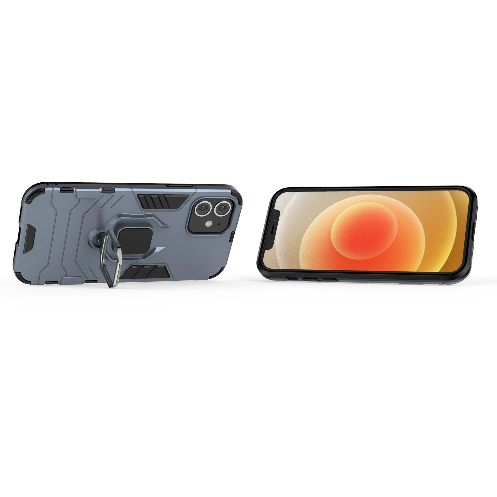 Fundas de teléfono sobre fondo blanco. Un teléfono en la funda y otro al lado.