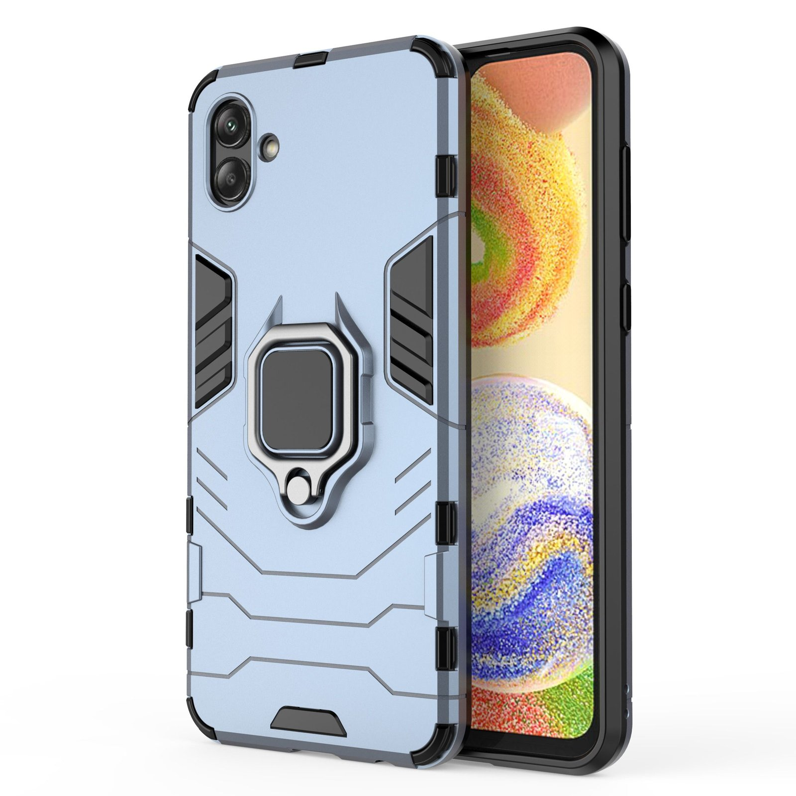 Funda azul claro para teléfono con soporte de anillo, teléfono dentro. Pantalla visible.