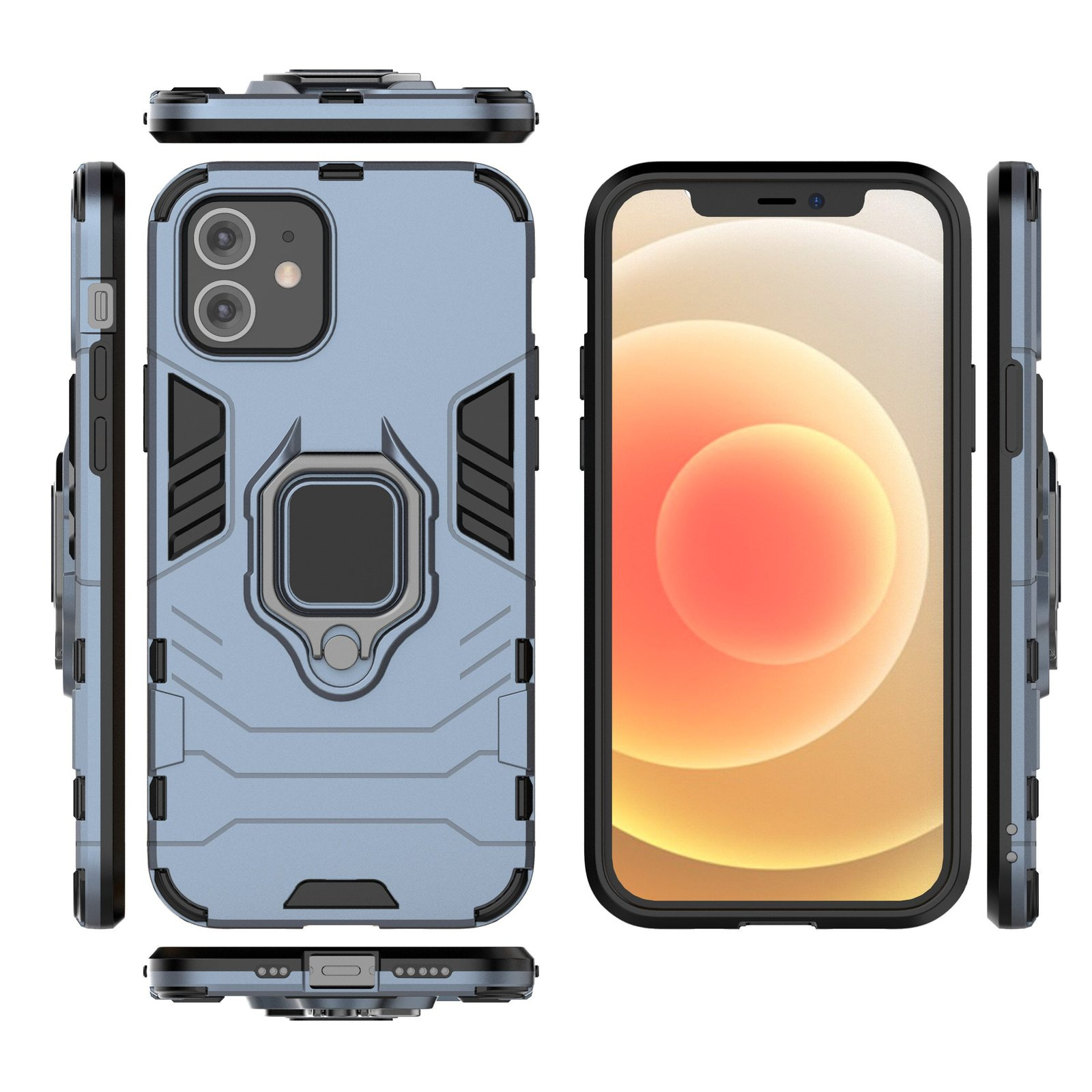 Funda azul claro con anillo. Teléfono muestra una interfaz.