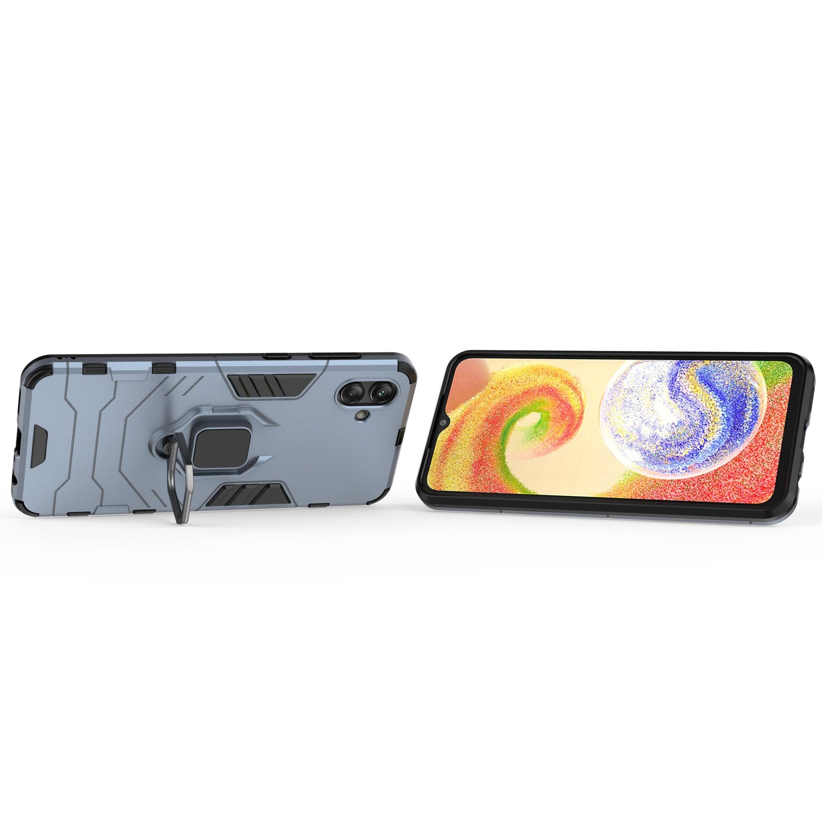 Dos teléfonos. Uno con funda y soporte de anillo, otro sin, pantalla arriba.