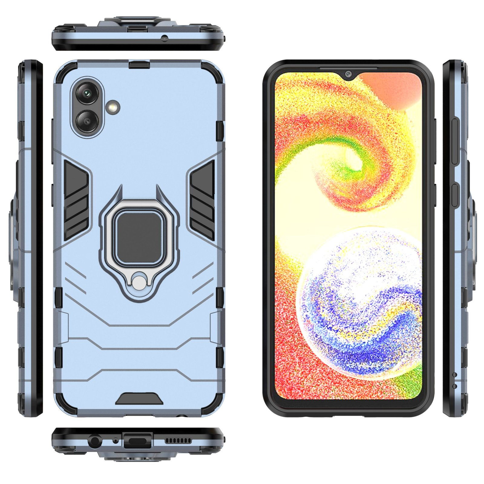 Funda de teléfono azul con soporte de anillo. La pantalla del teléfono es visible.