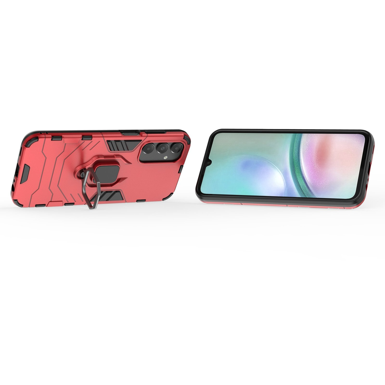 Funda roja con soporte de anillo, con un teléfono al lado. Fondo oscuro.