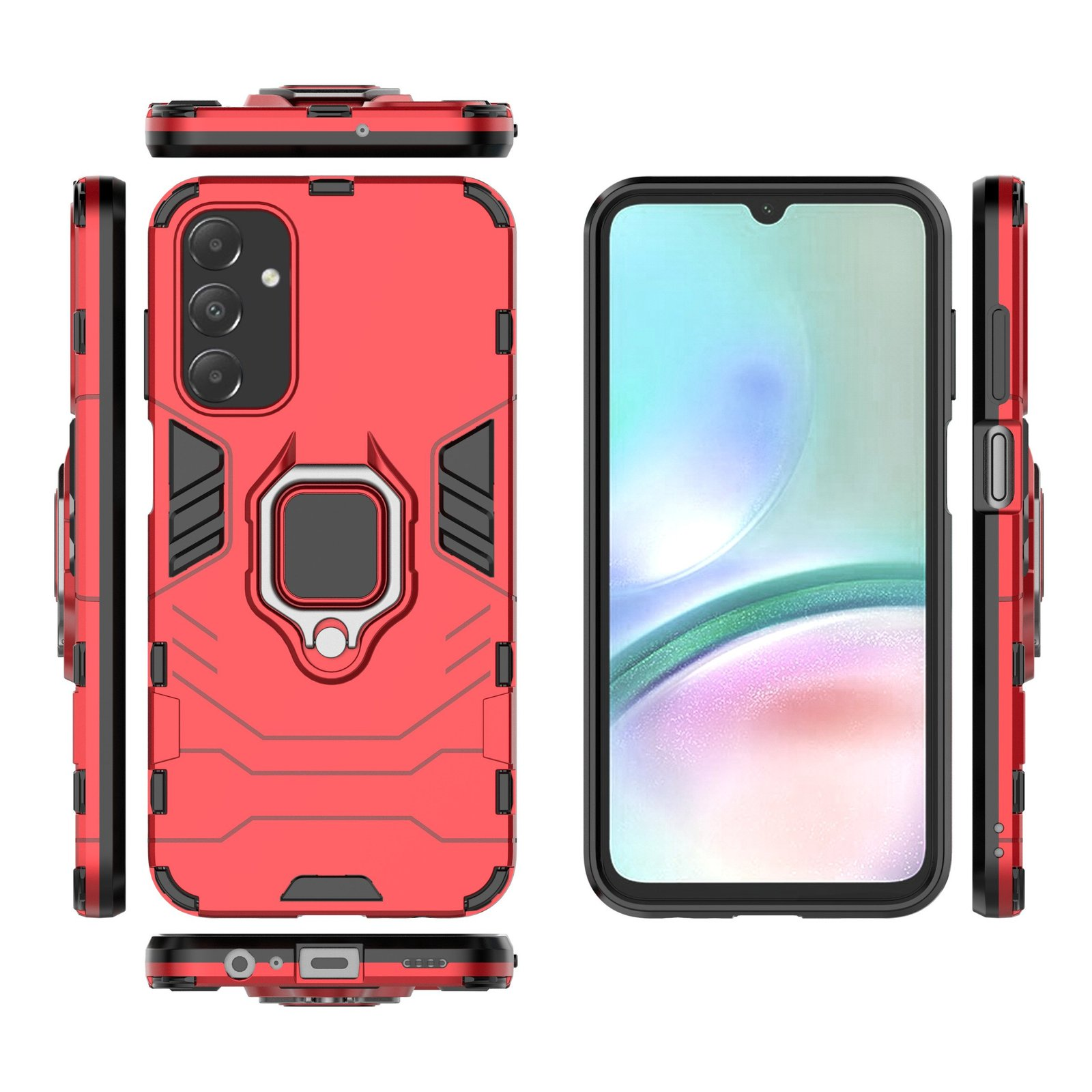 Funda de teléfono roja con soporte de anillo. Varias vistas: superior, lateral, frontal y posterior.