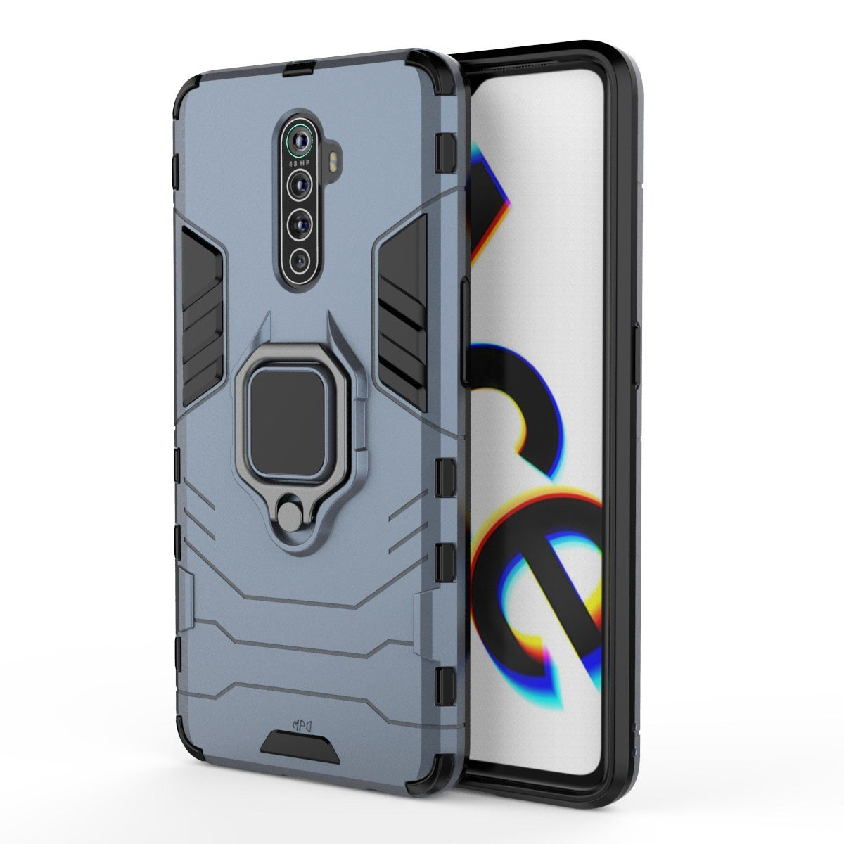 Carcasa gris para teléfono con soporte de anillo. Teléfono a la derecha. La funda tiene un diseño texturizado.
