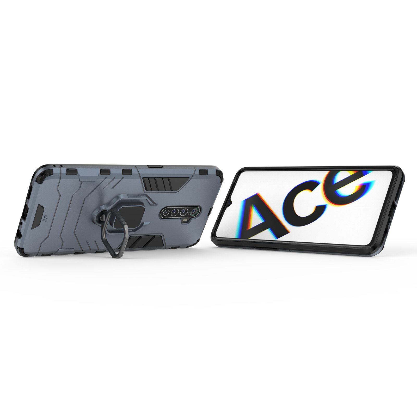 Funda oscura con soporte de anillo. Teléfono muestra el logo de ACE. La funda está en ángulo.