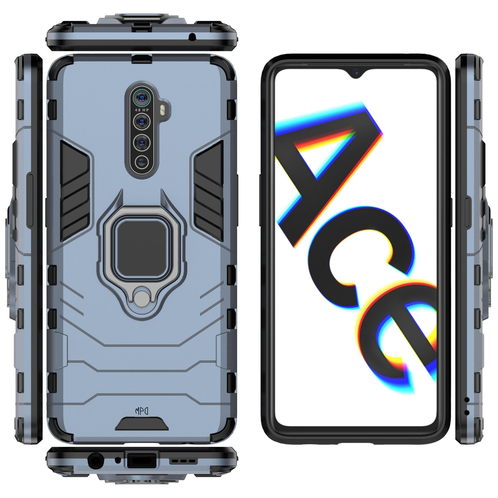 Teléfono con funda. El teléfono y la funda se muestran desde múltiples ángulos.