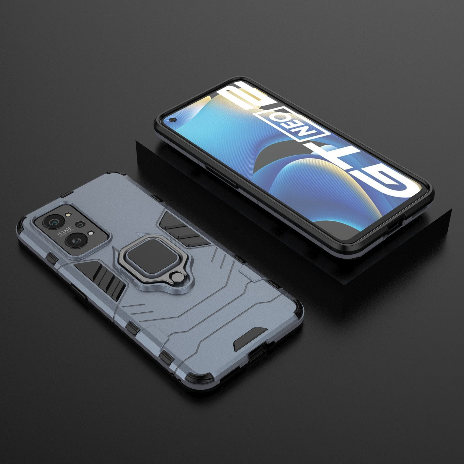 Dos fundas grises con soportes de anillo. Una abierta, mostrando un teléfono con el texto GT NEO 2.