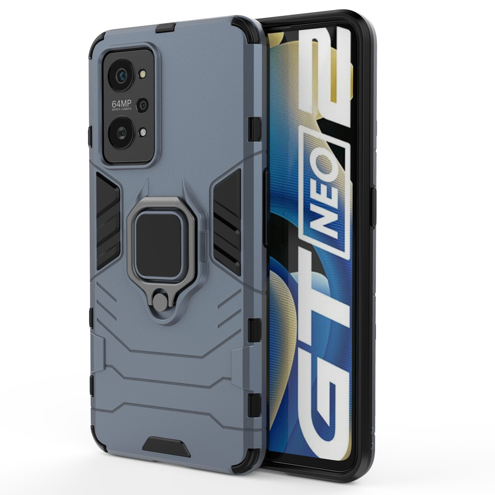 Funda azul con detalles negros. Pantalla con GT NEO 2. Vistas laterales y superior de la funda.