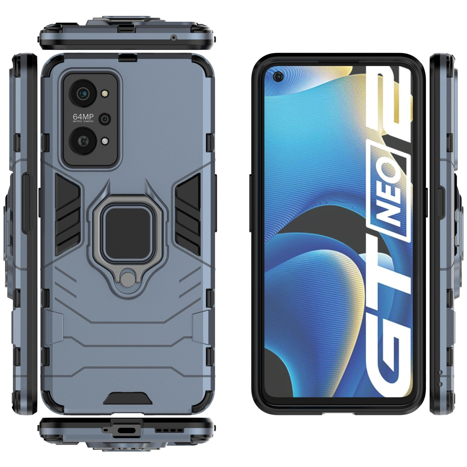 Funda gris para teléfono con anillo y teléfono. El teléfono tiene GT NEO 2 en el lateral.