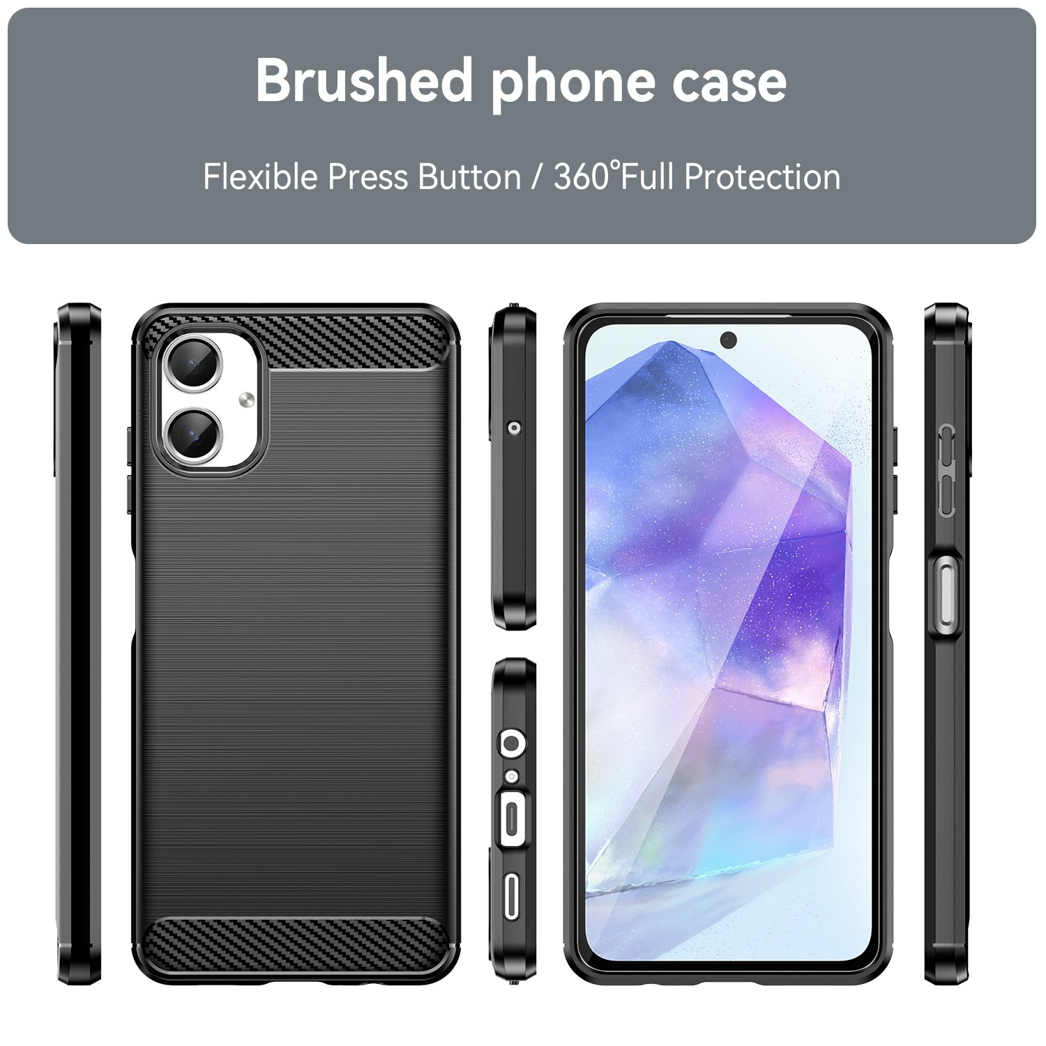 Funda negra con parte trasera texturizada, varias vistas de la funda y el teléfono.